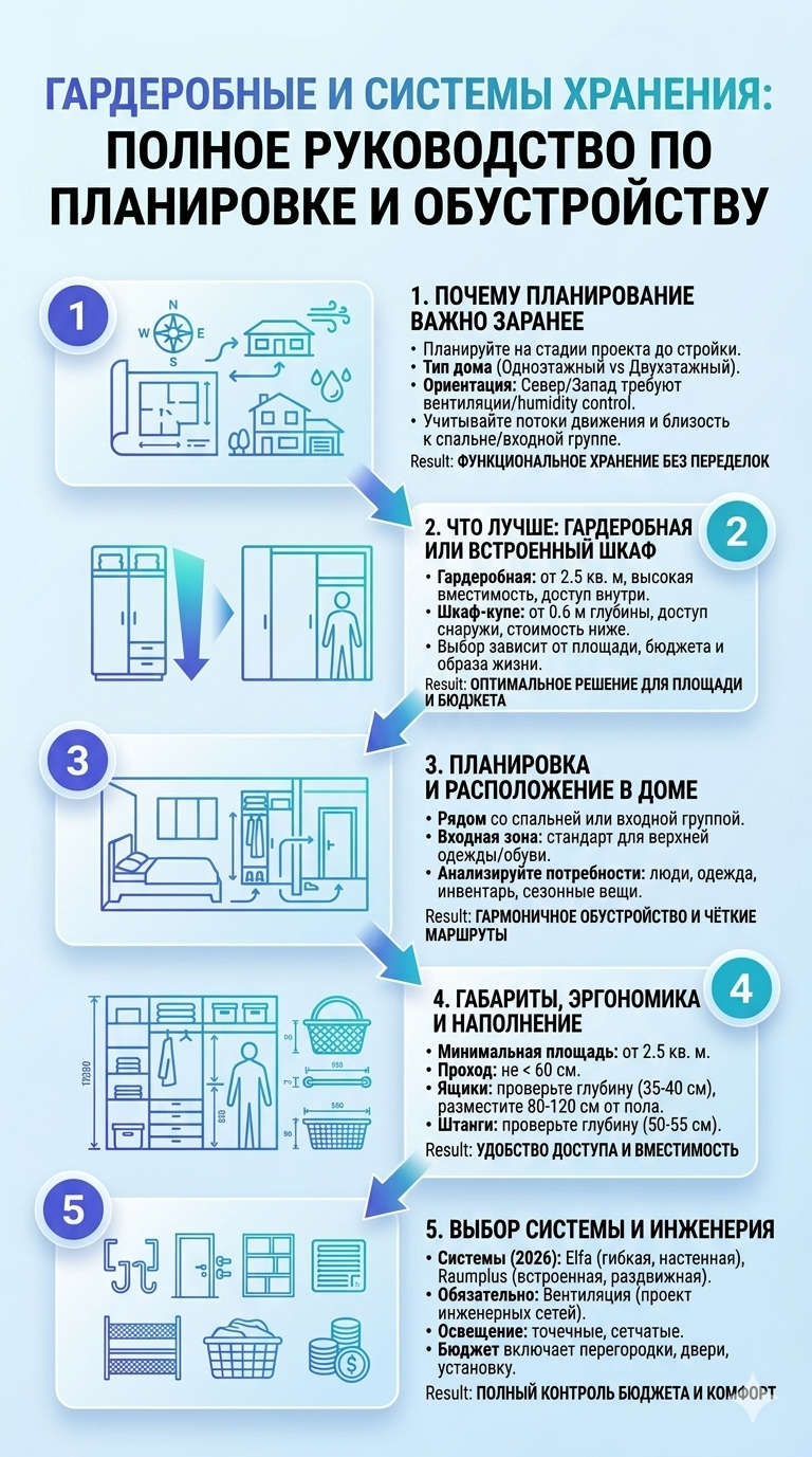 Гардеробные и системы хранения в частном доме: полное руководство по планировке и обустройству