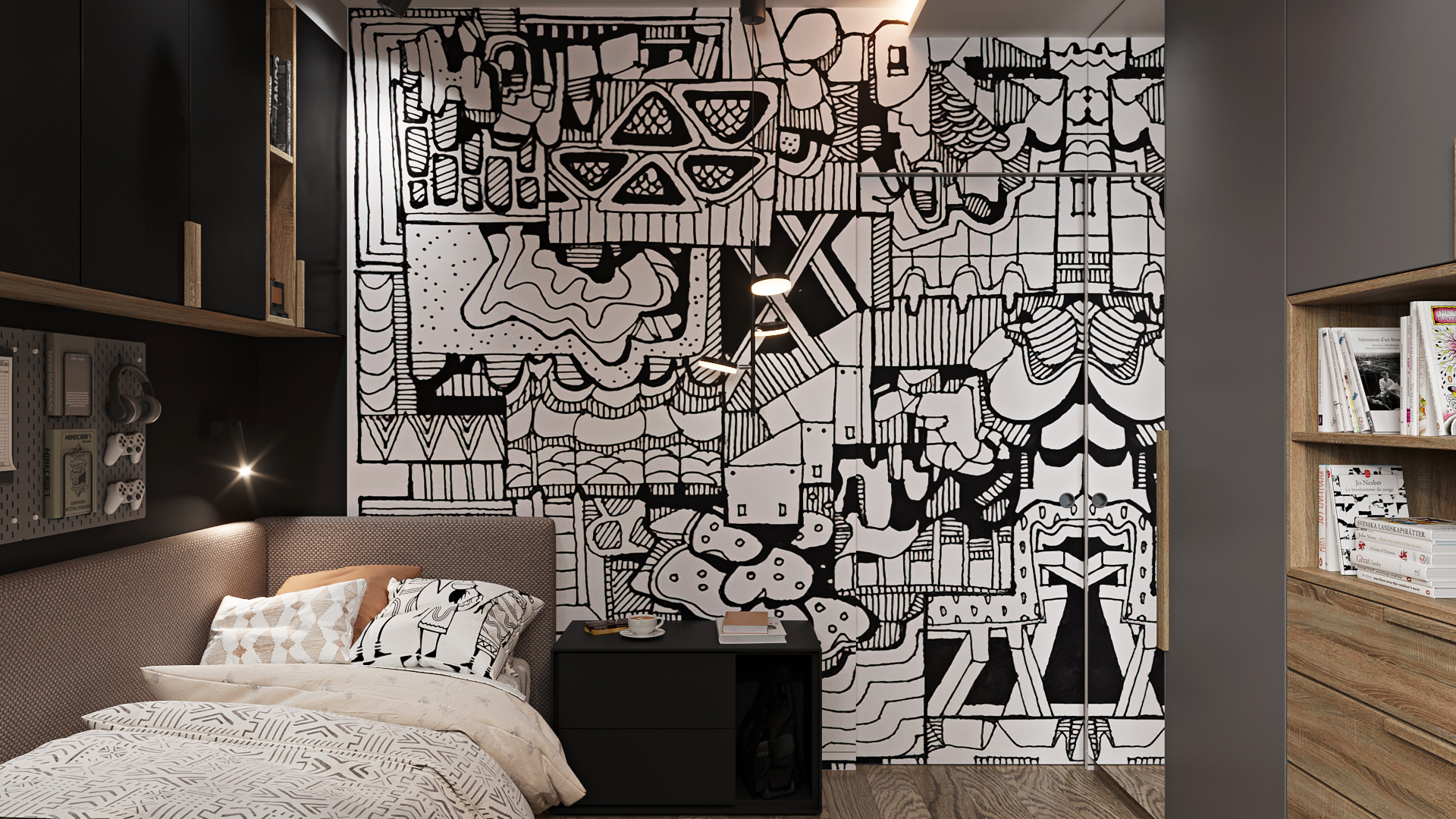 Пространство без входа и выхода - мечта любого подростка ). Скрытая сдвижная дверь утопает в рисунке, как в паутине. Рисунок был найден на просторах интернета, а вот воплощением занялась художница Елена Котенова