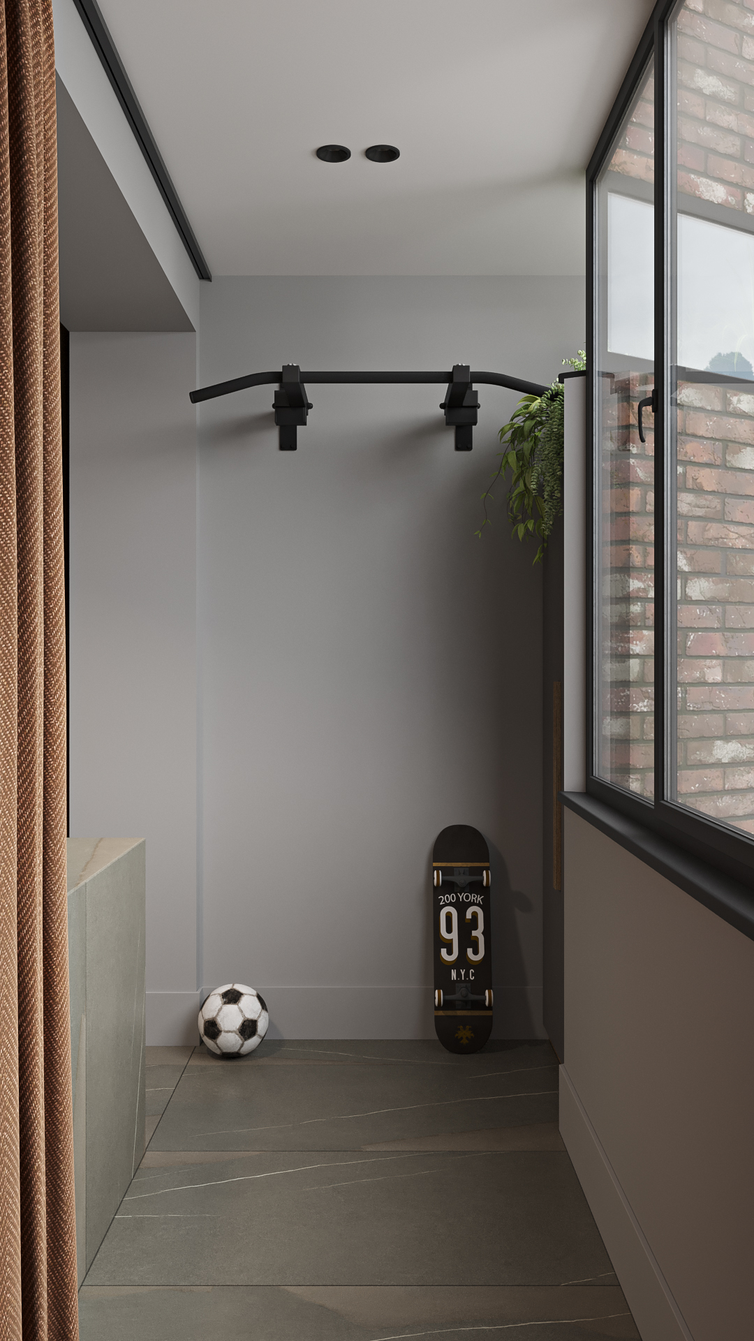 Юному мужчине необходимо следить за осанкой и держать мышцы в тонусе. В балконной части комнаты организовали турник и место для занятий на коврике