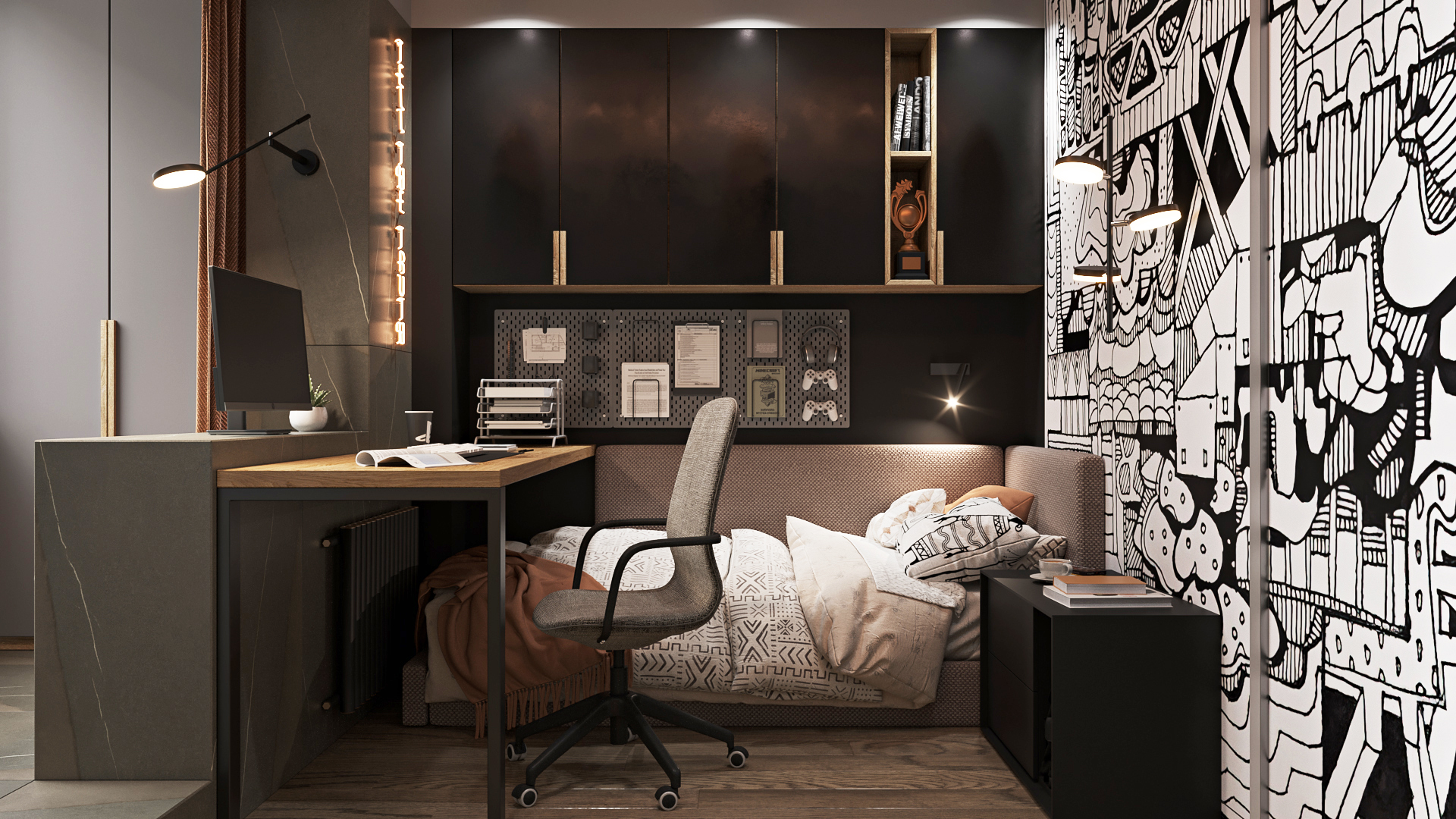 Укромное местечко в дальнем углу квартиры, спроектировано максимально компактно, но без ущерба функционала и по требованиям юного мужчины