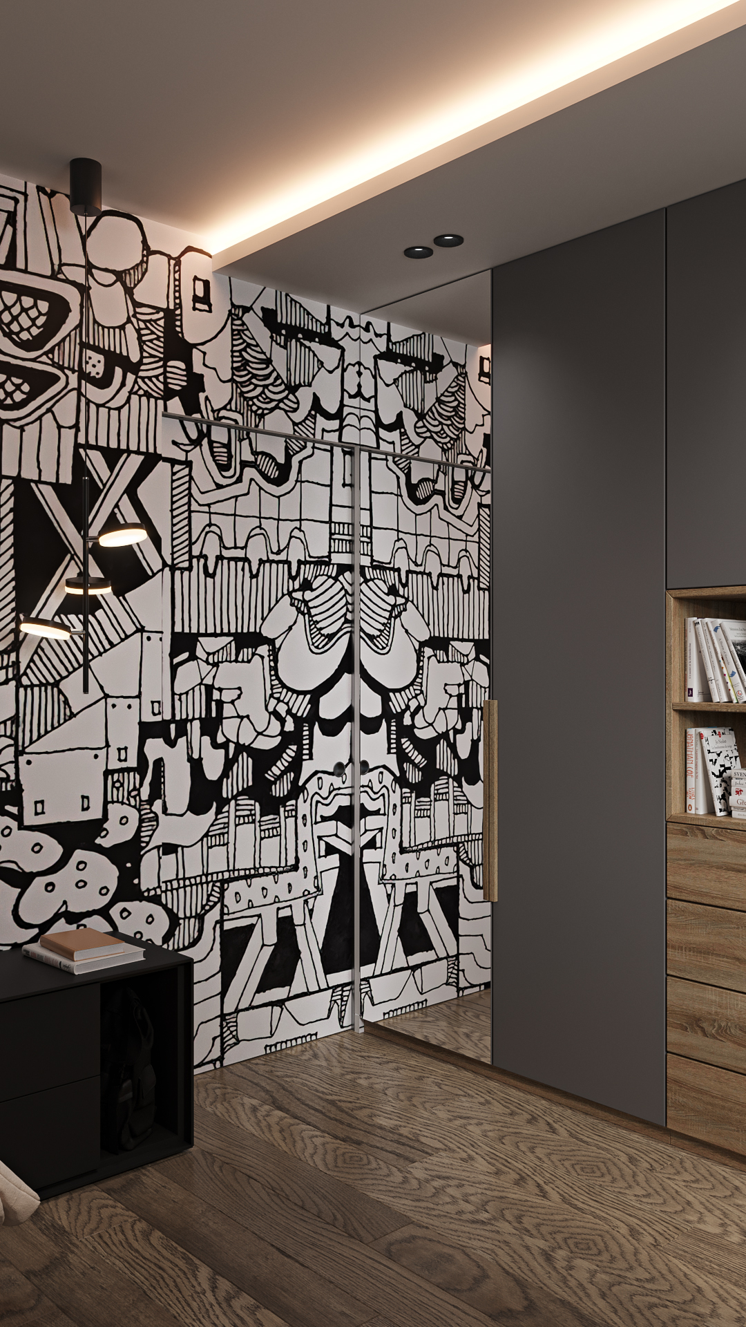 Часто используемый материал для визуального увеличения пространства - это зеркало. Но так же зеркало используют для обмана, для преломления пространства. В нашем случае второе, лежа на кровати можно видеть бесконечную паутину рисунка в изголовье кровати