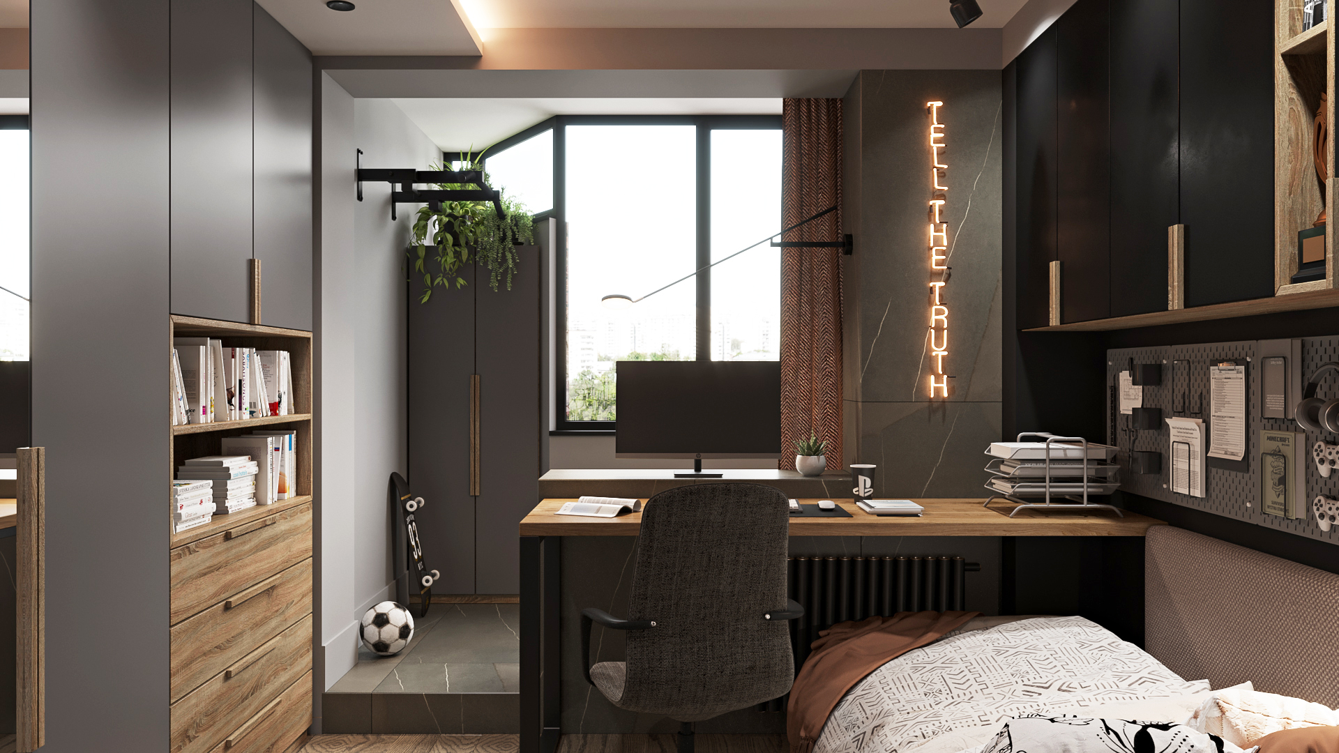 Общая палитра и текстуры создают стильный, брутальный интерьер. Камень, металл, дерево в свете различных источников создают уникальное, камерное пространство