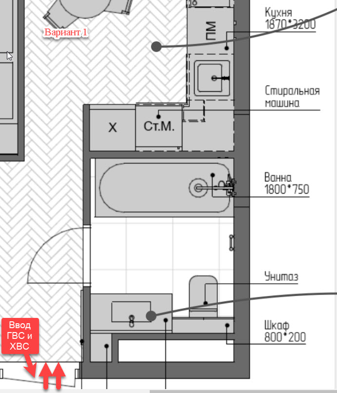 Планировка ванной комнаты 1 вариант