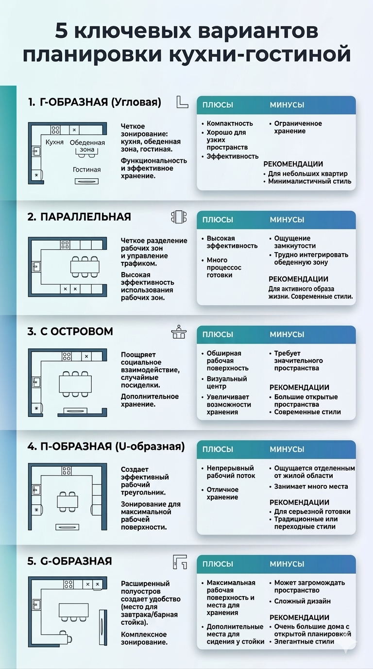 Планировка кухни-гостиной в 2026 году: 10 решений для удобного и цельного пространства