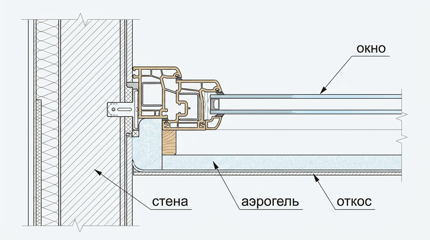 Схема тонкого утепления оконного откоса аэрогелевым материалом