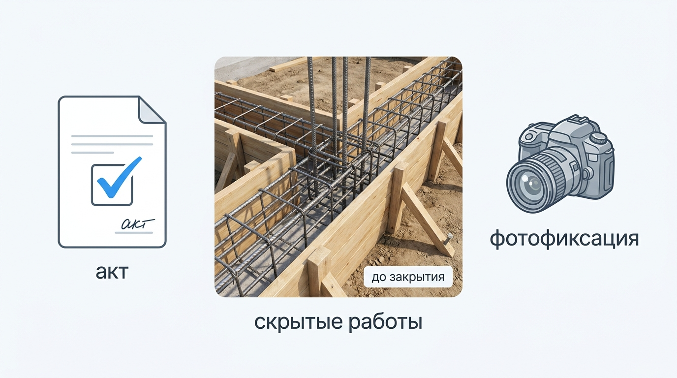 Акт скрытых работ и фотофиксация армирования фундамента перед бетонированием