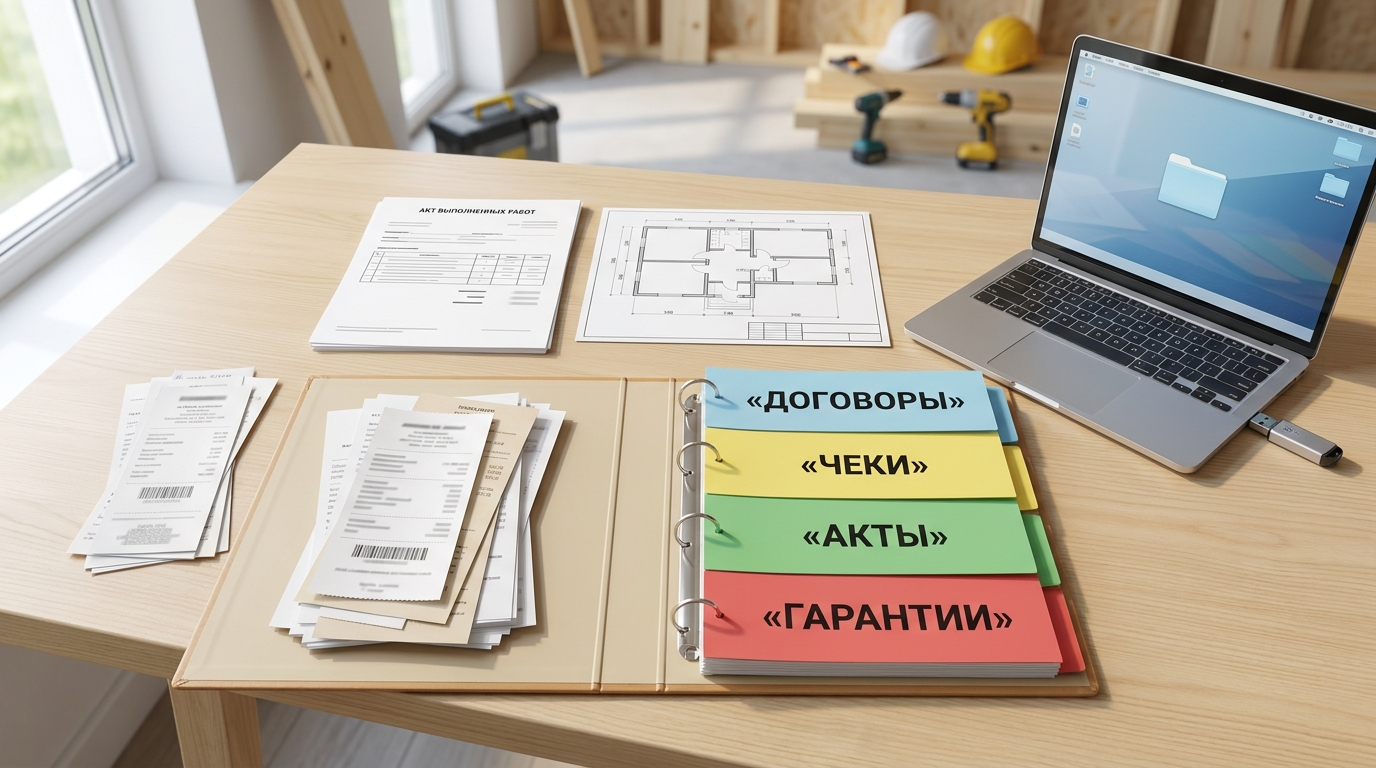 Архив документов по строительству частного дома с папками по договорам, чекам и актам