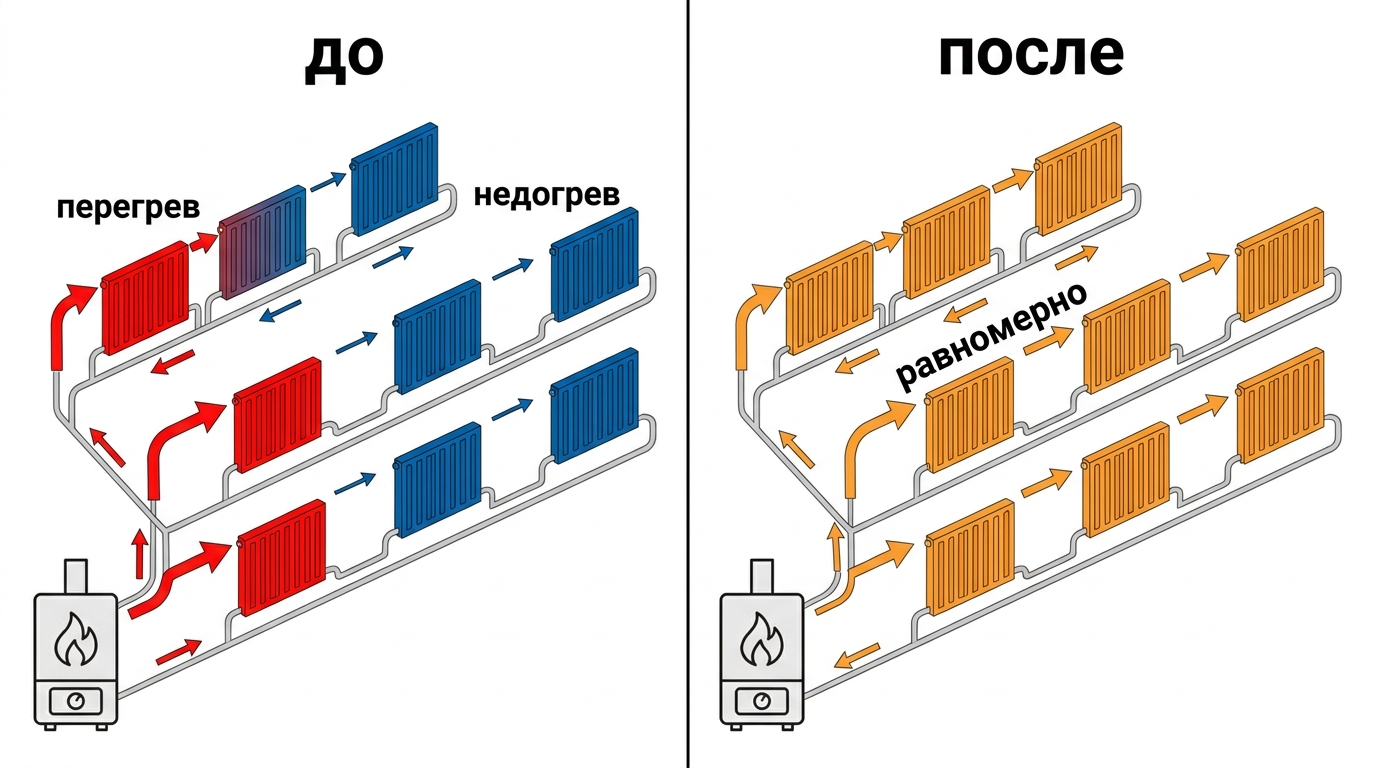 Сравнение системы отопления до и после балансировки радиаторов