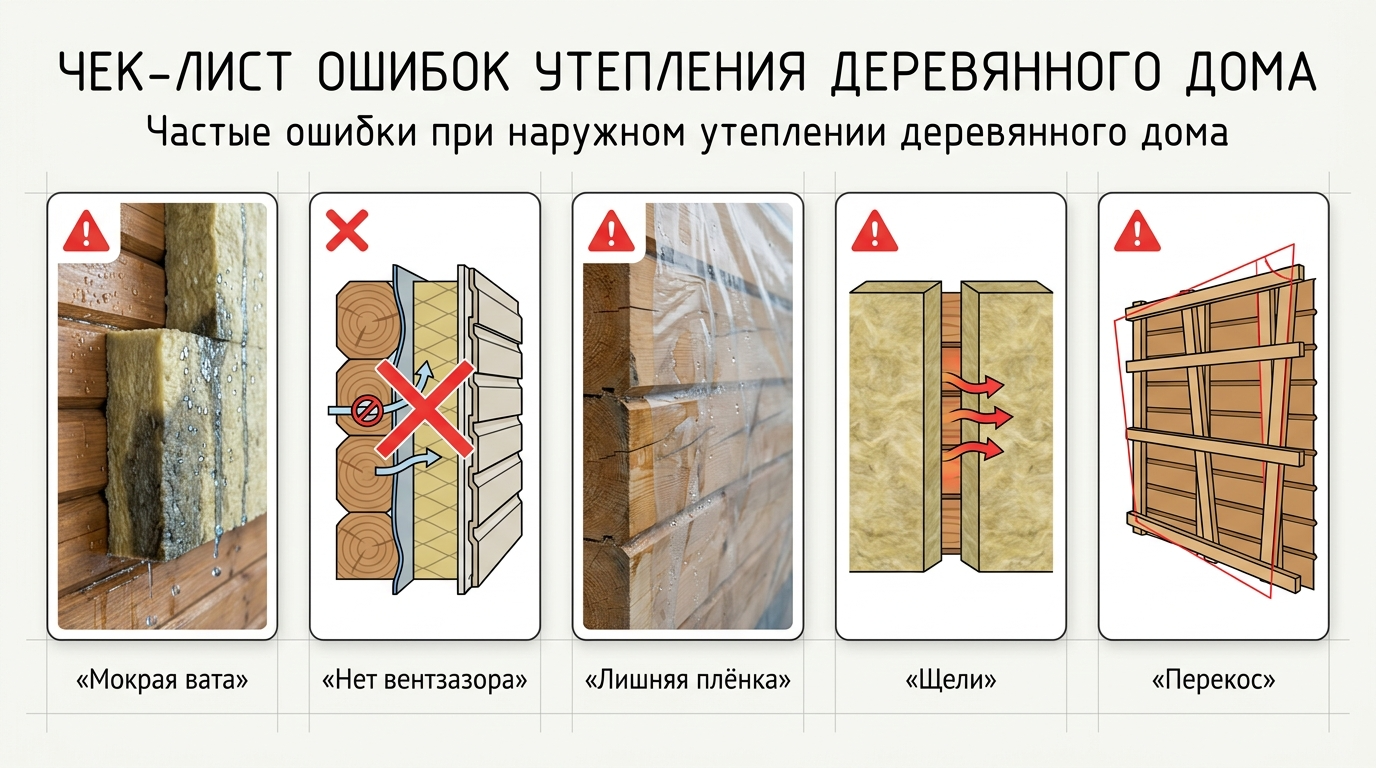 Чек-лист частых ошибок при наружном утеплении деревянного дома