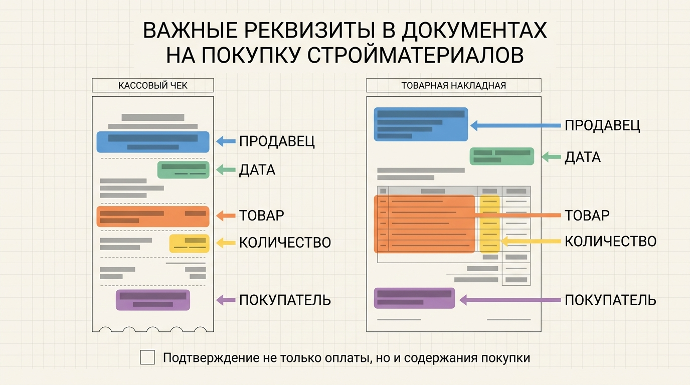 Кассовый чек и накладная с отмеченными важными реквизитами при покупке стройматериалов