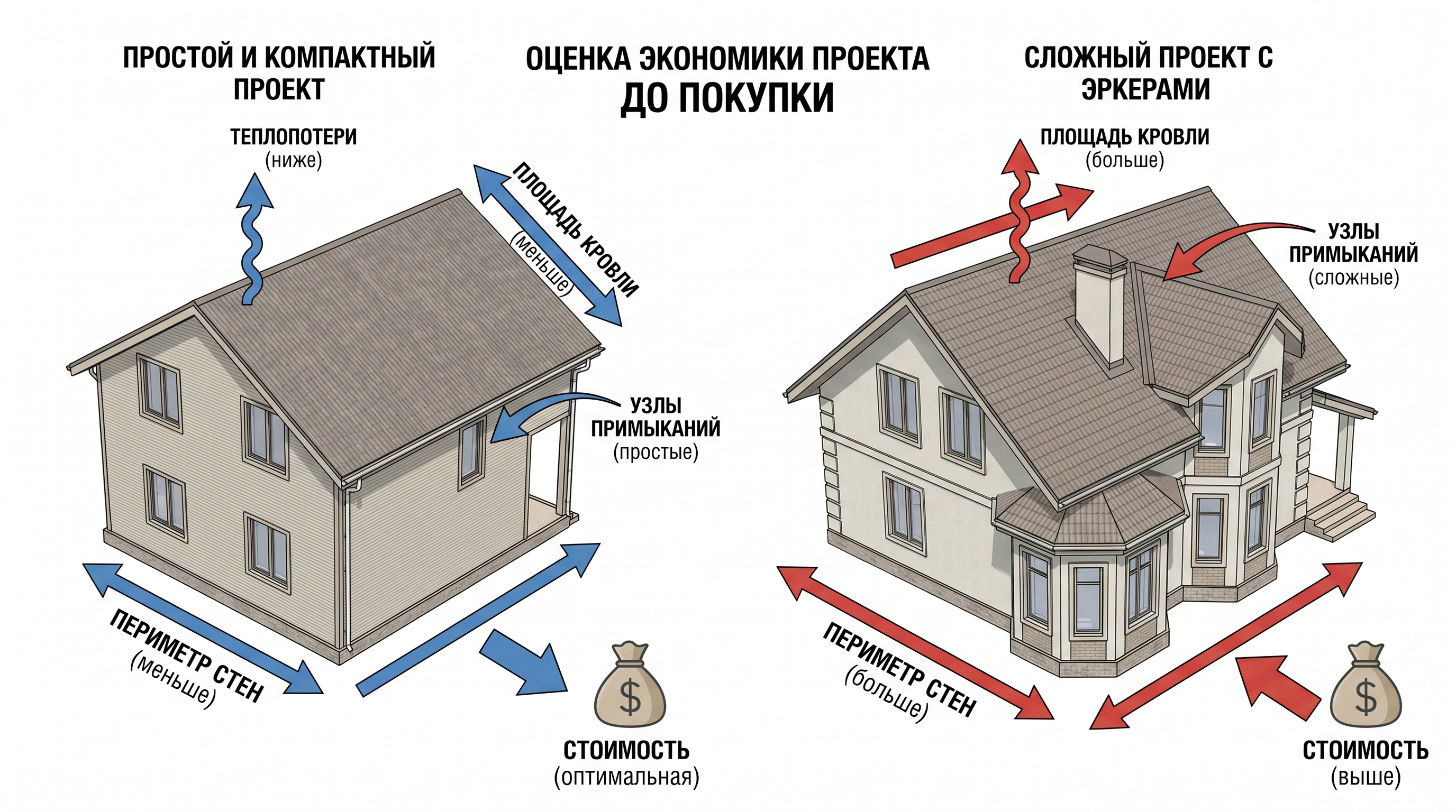 Сравнение компактного и сложного дома по стоимости конструкций и теплопотерям