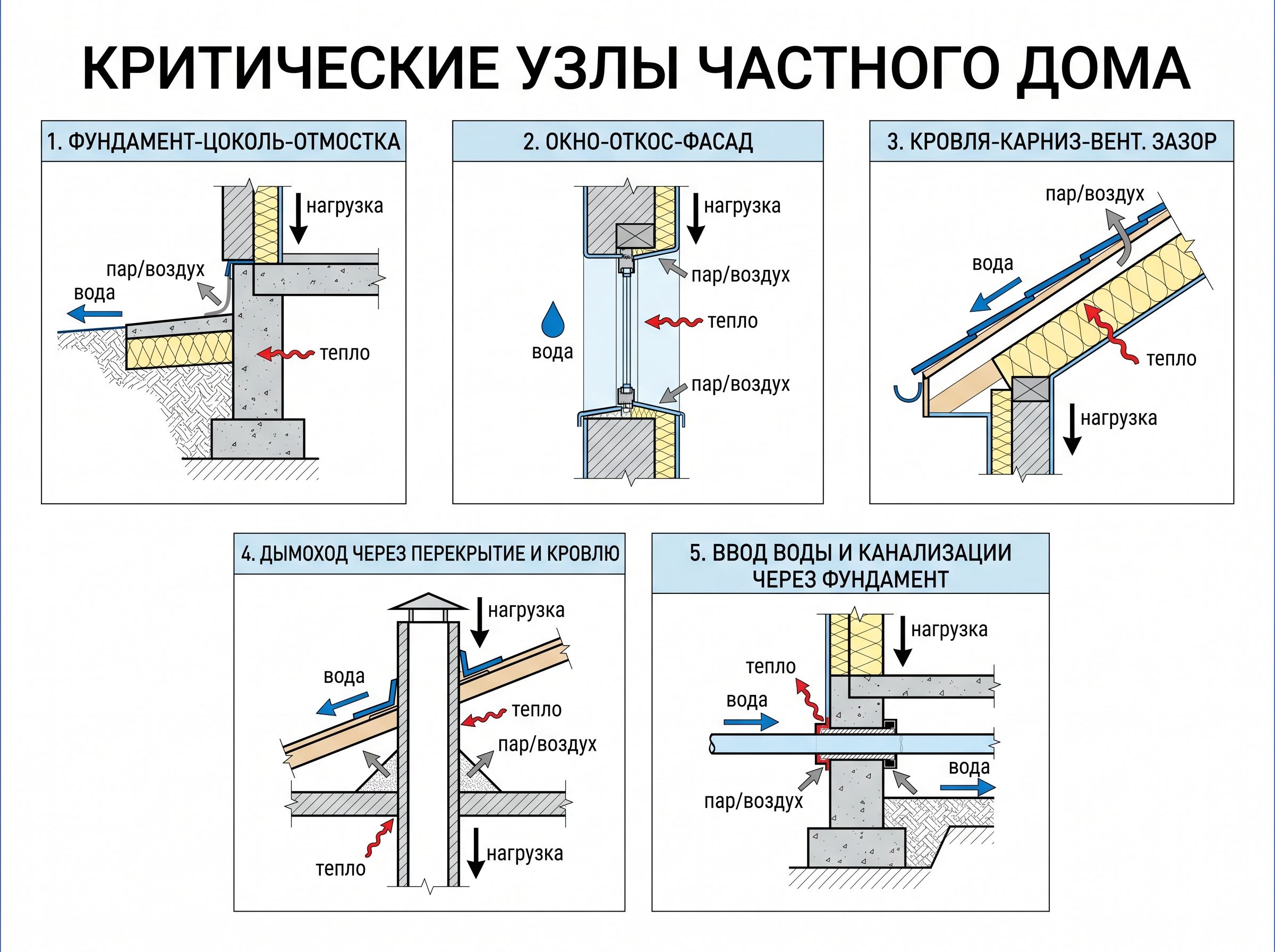 Критические узлы частного дома: цоколь, окно, кровля, дымоход, ввод коммуникаций