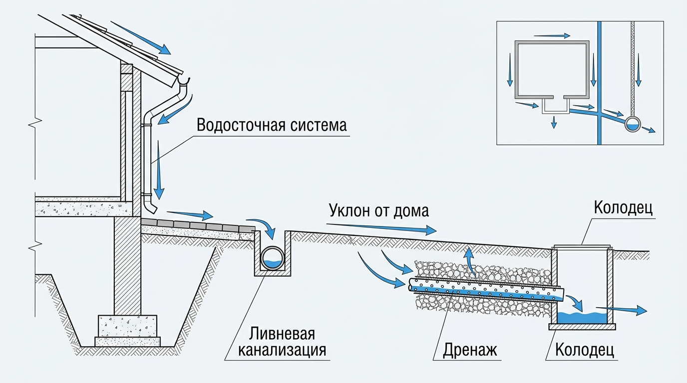 Схема водоотведения и дренажа вокруг фундамента частного дома