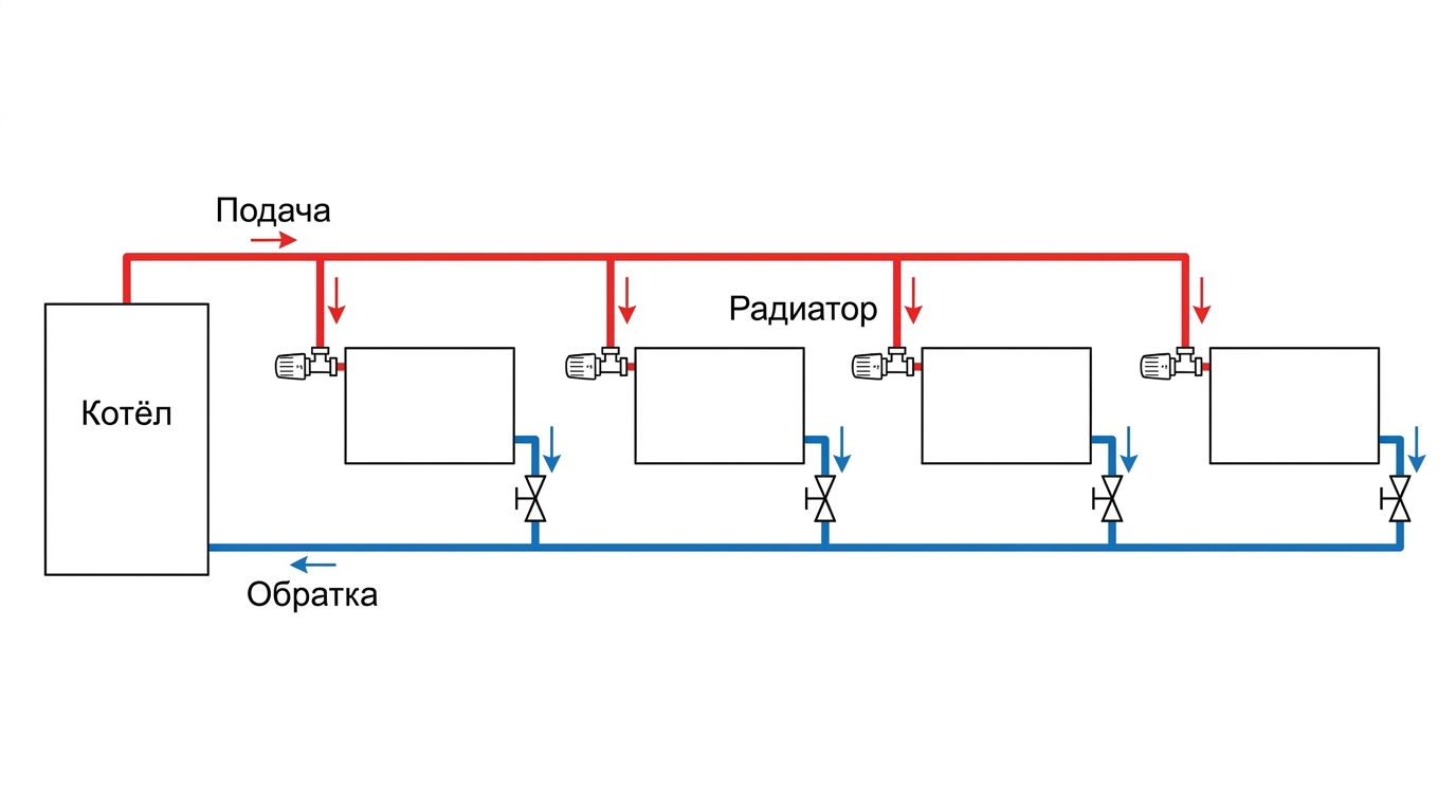 Схема двухтрубной системы отопления частного дома с подачей и обраткой