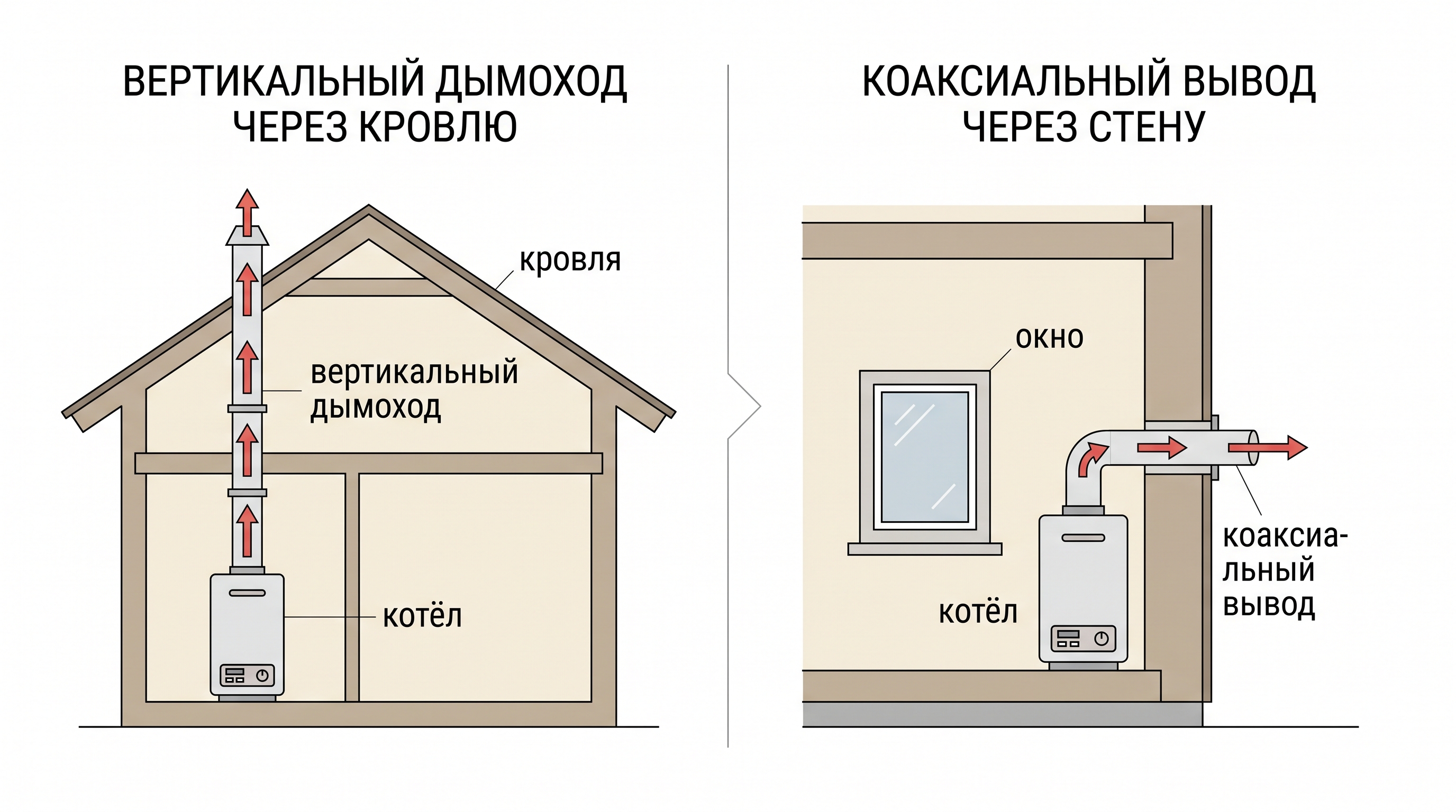 Инфографика по вариантам дымохода газового котла в частном доме