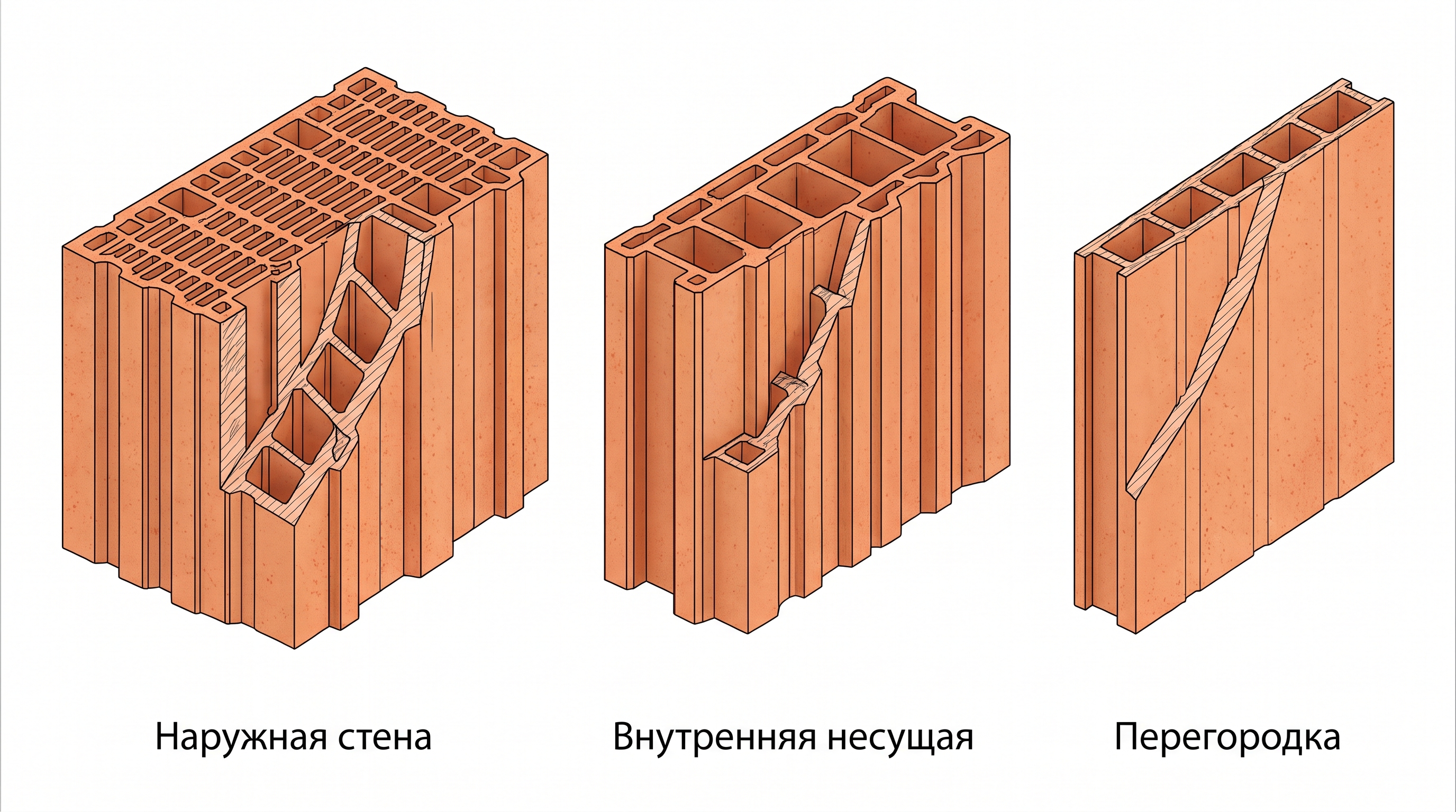 Схема форматов керамических блоков для наружных стен, внутренних стен и перегородок