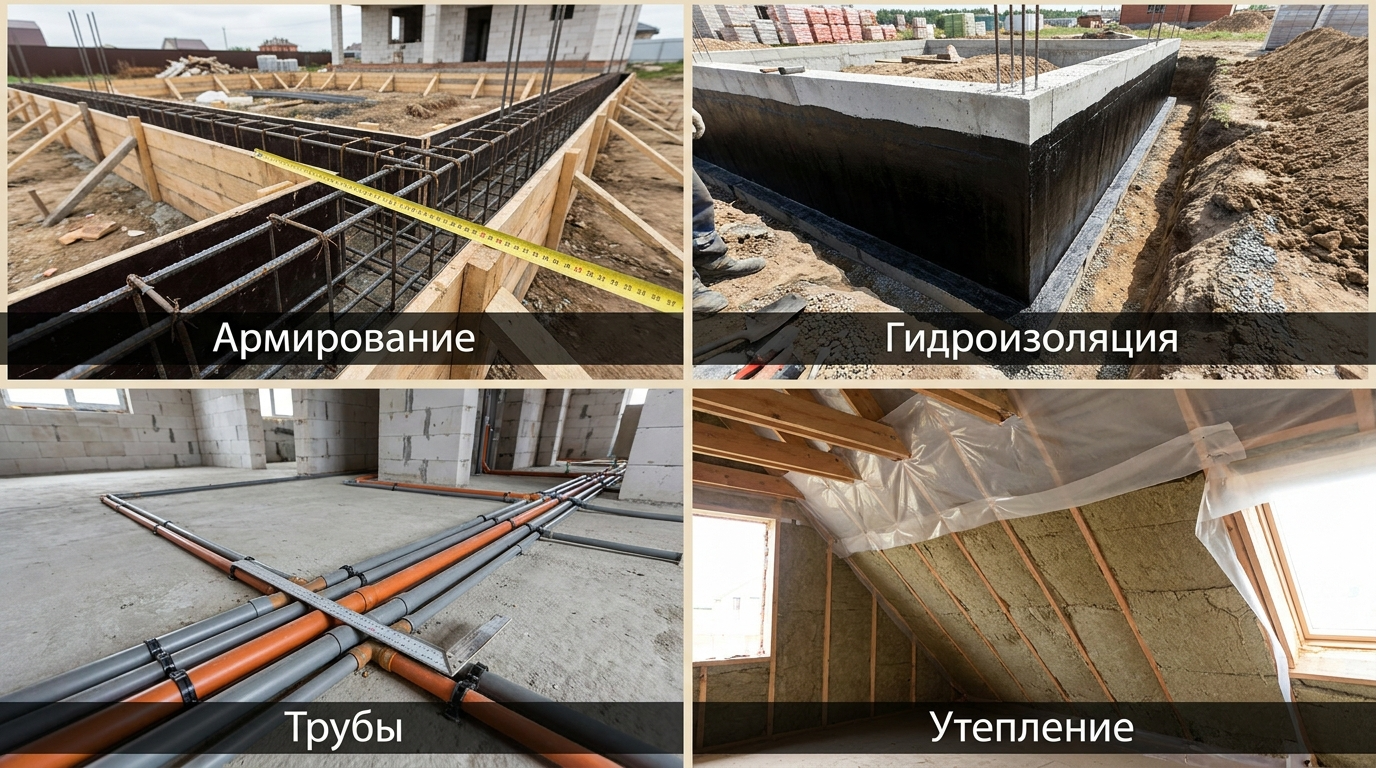 Фотоколлаж скрытых работ перед закрытием конструкций: армирование, гидроизоляция, инженерные сети