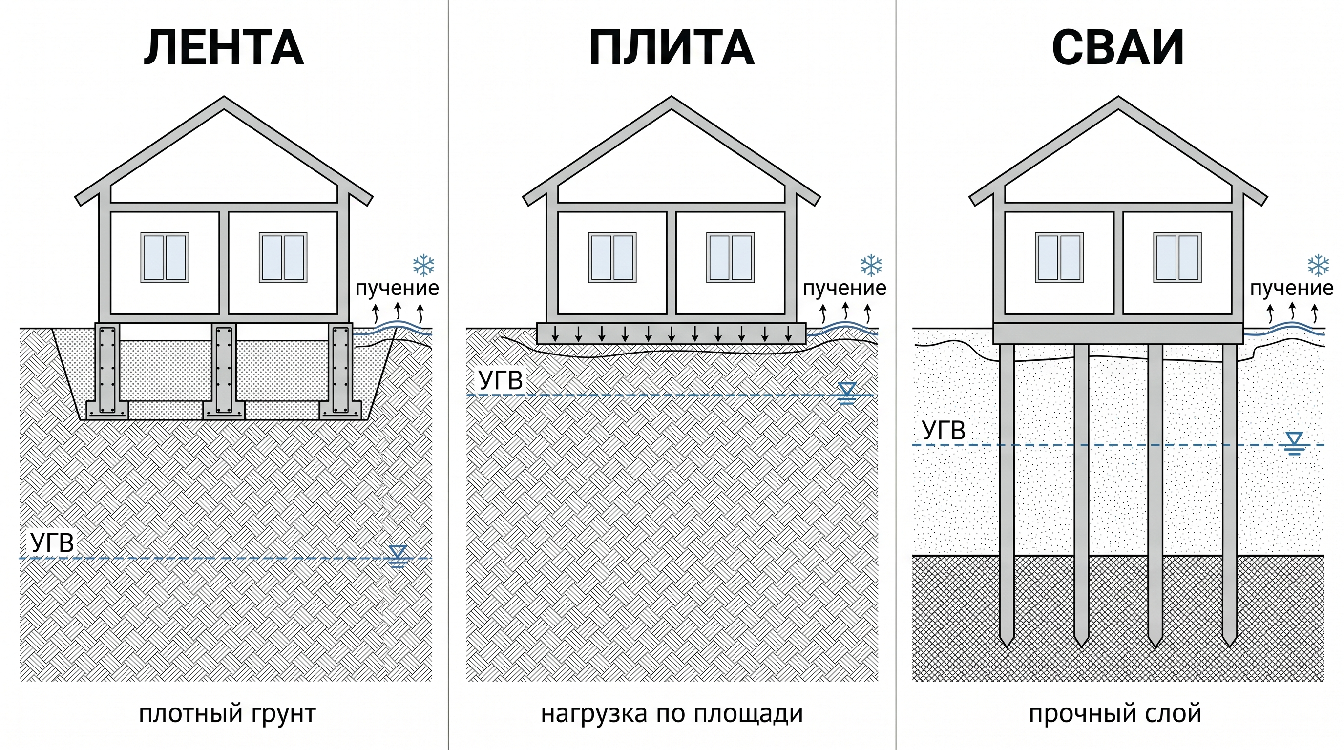 Сравнение ленточного, плитного и свайного фундамента для разных грунтовых условий