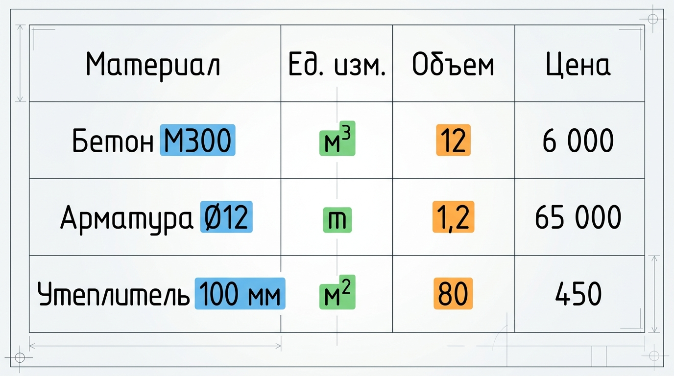 Фрагмент сметы с выделенными строками материалов, объемами и единицами измерения