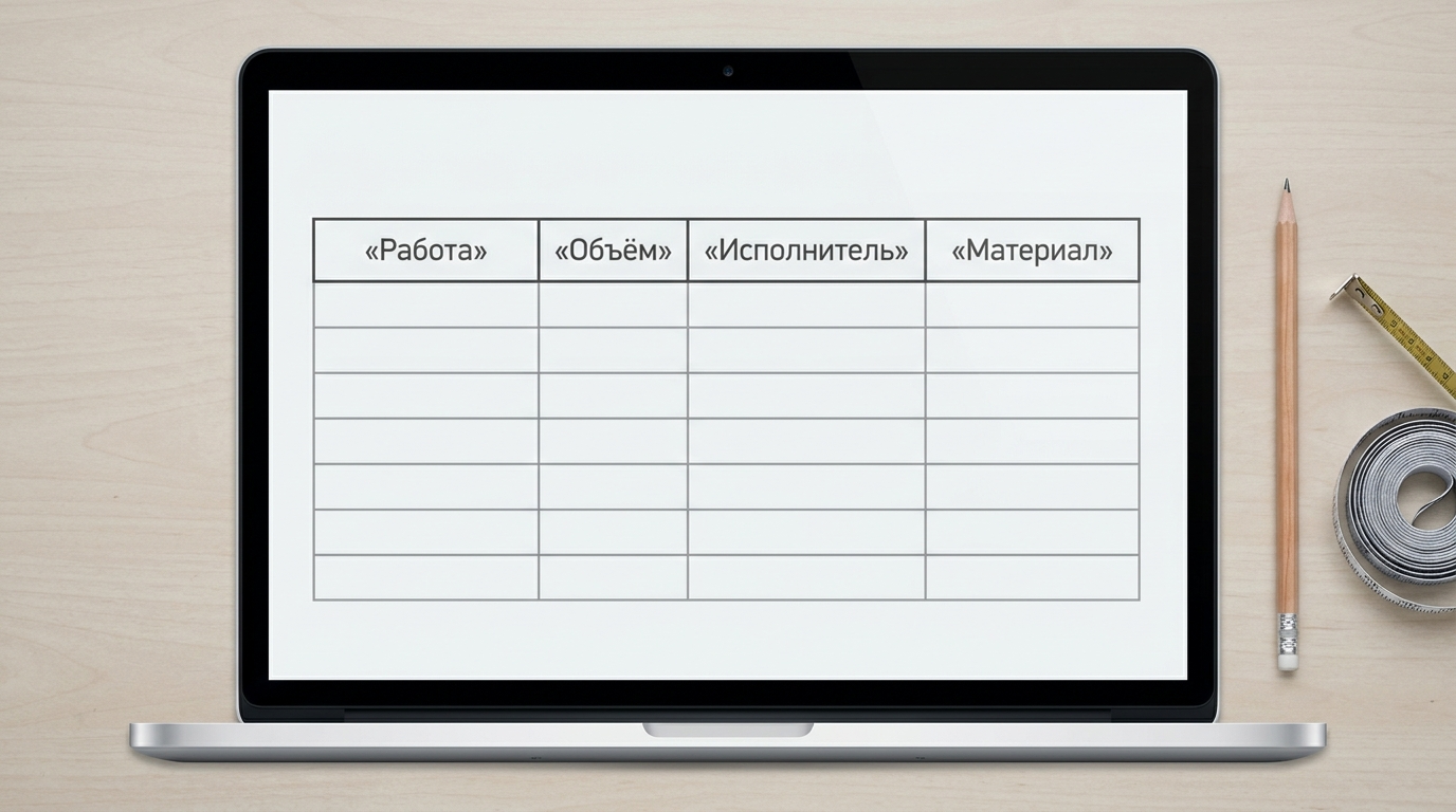 Пример фрагмента сметы с колонками работы материалы исполнитель и приёмка