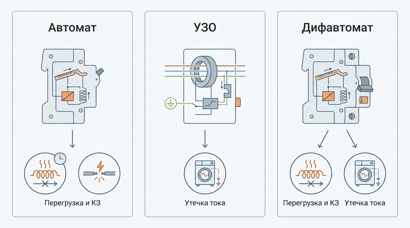 Инфографика функций автомата, УЗО и дифавтомата