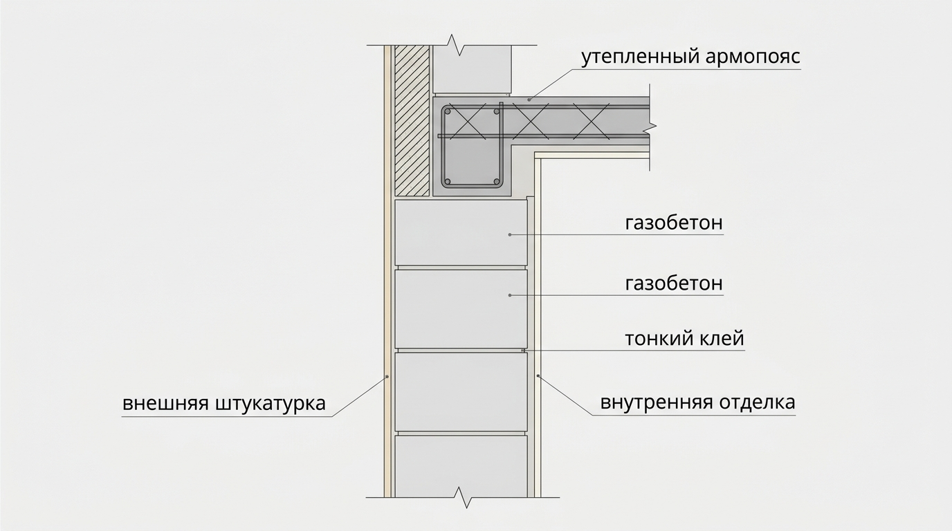 Схема однослойной стены из газобетона с тонким клеевым швом и утеплённым армопоясом
