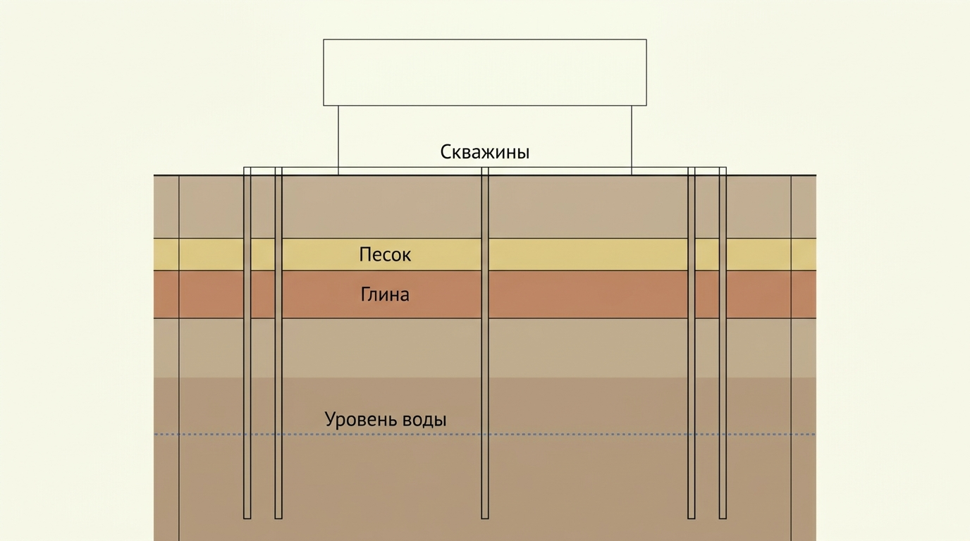 Схема инженерно-геологических изысканий с разрезом грунта и скважинами под домом