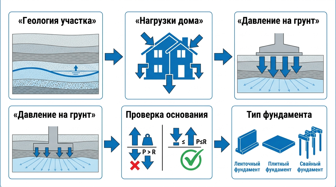 Алгоритм выбора фундамента по геологии: изыскания, нагрузки, давление, осадки, тип фундамента