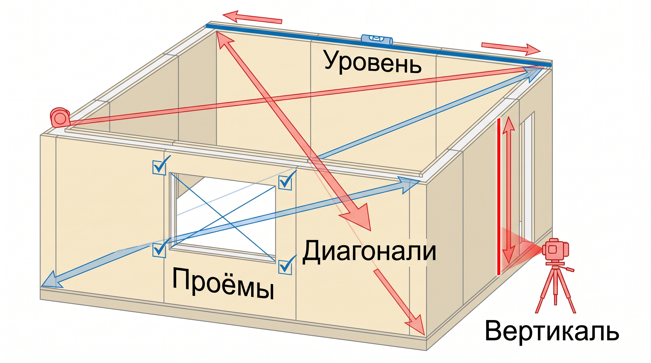 Точки измерения геометрии коробки СИП-дома: диагонали, вертикальность, проемы