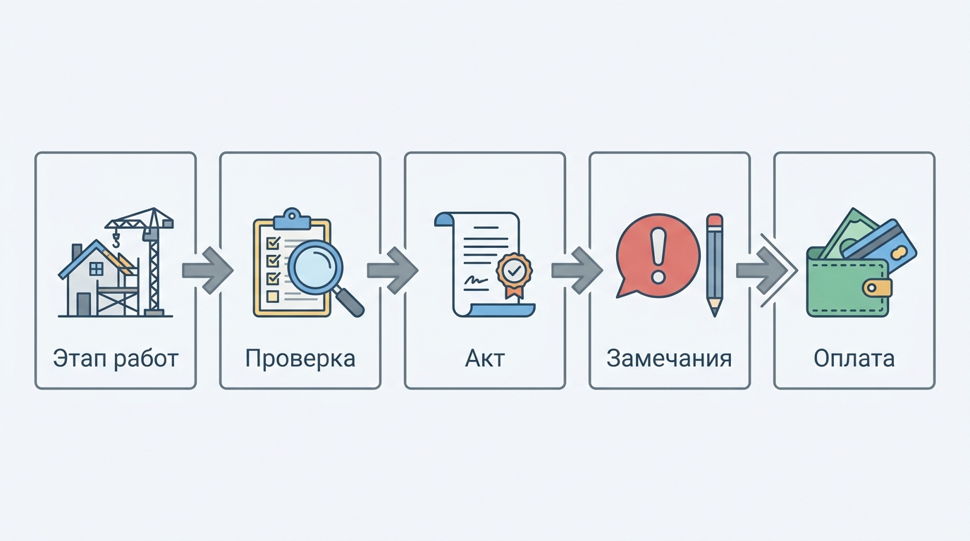 Инфографика связи этапов строительства, актов и оплаты