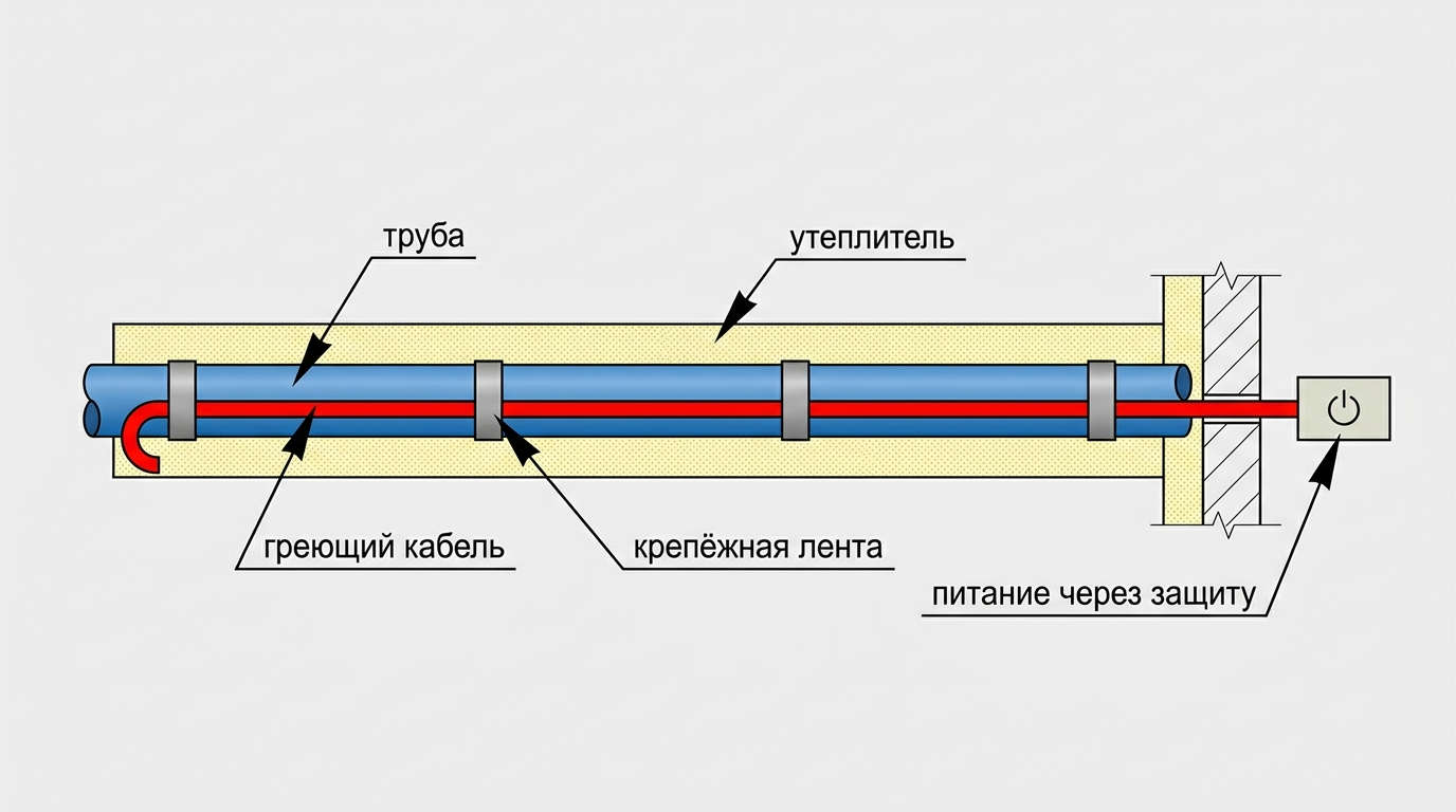 Схема монтажа греющего кабеля на водопроводной трубе под утеплителем