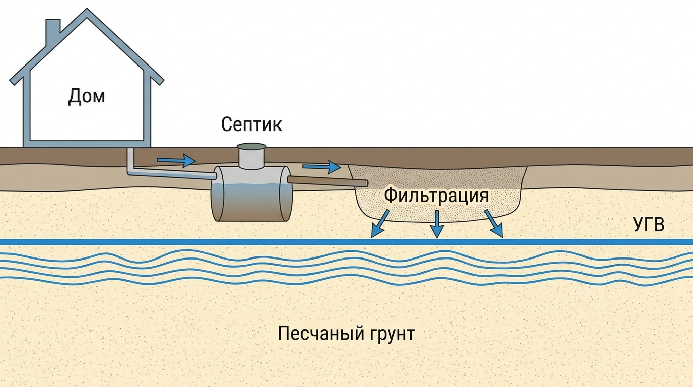 Схема влияния грунта и уровня грунтовых вод на работу септика