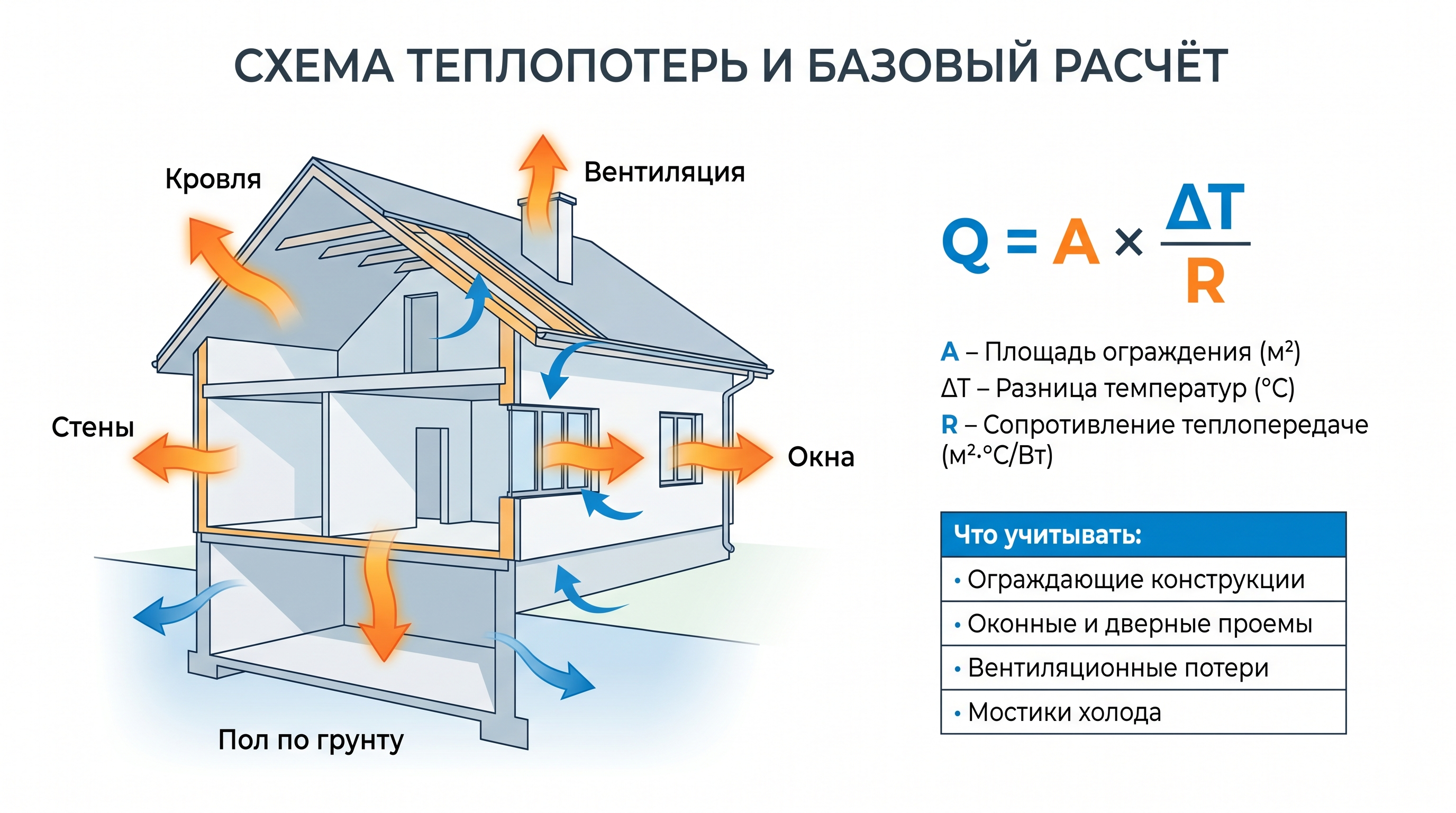 Схема теплопотерь частного дома через стены, окна, кровлю, пол и вентиляцию