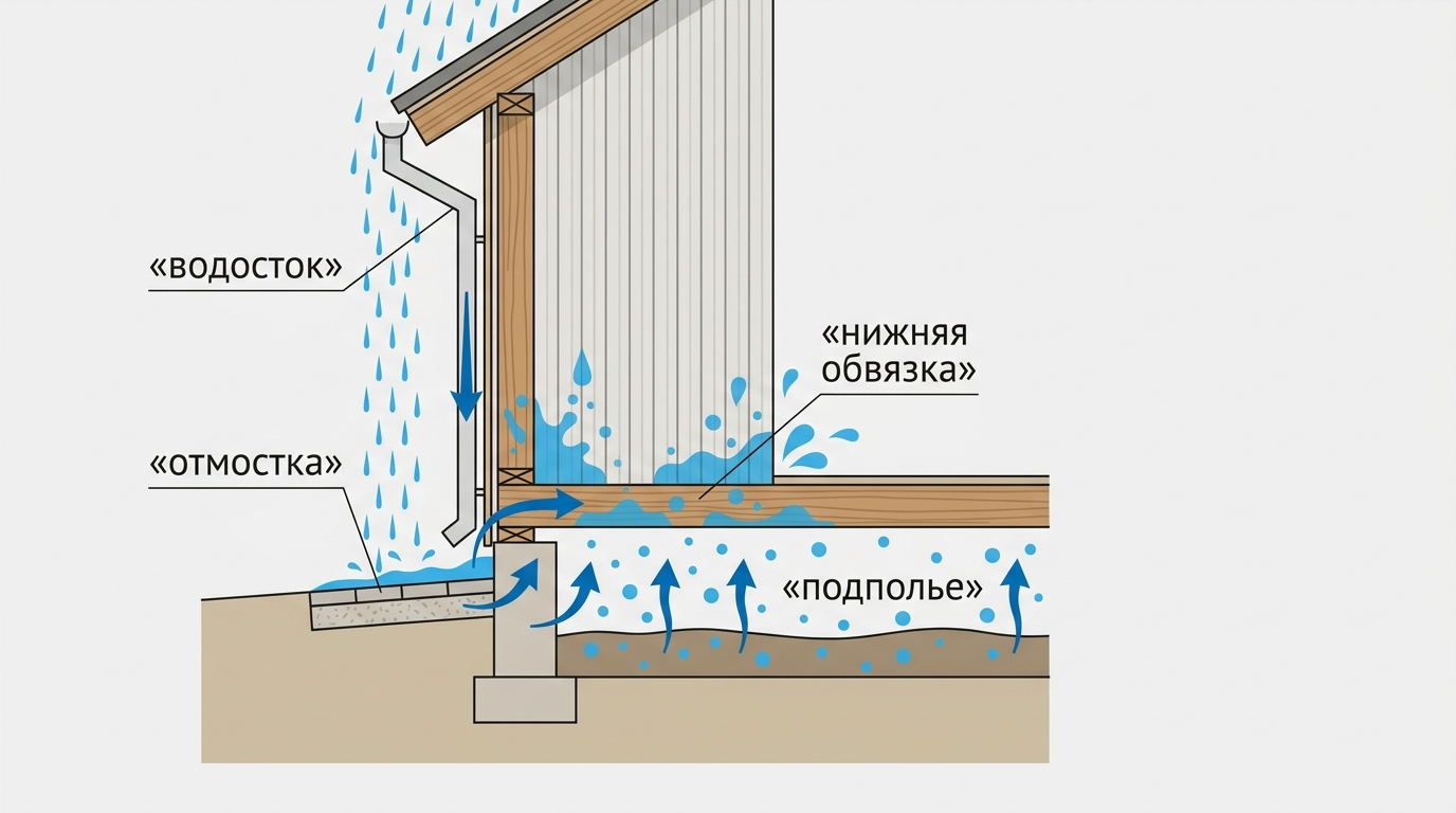 Основные источники влаги у фундамента и цоколя каркасного дома