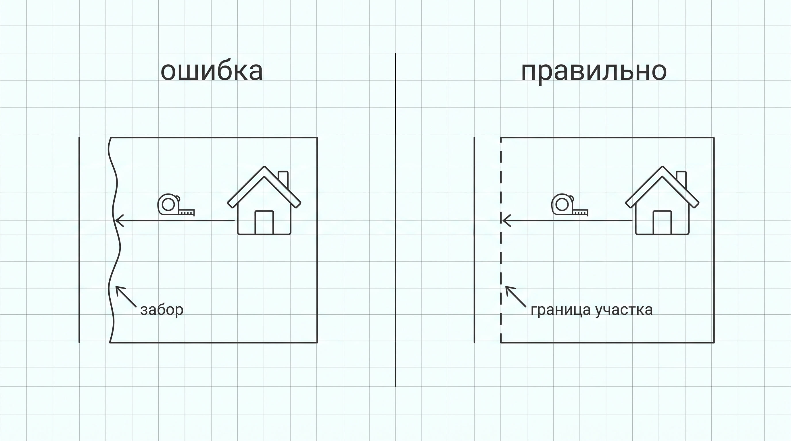 Сравнение правильного и неправильного измерения отступа от кадастровой границы участка