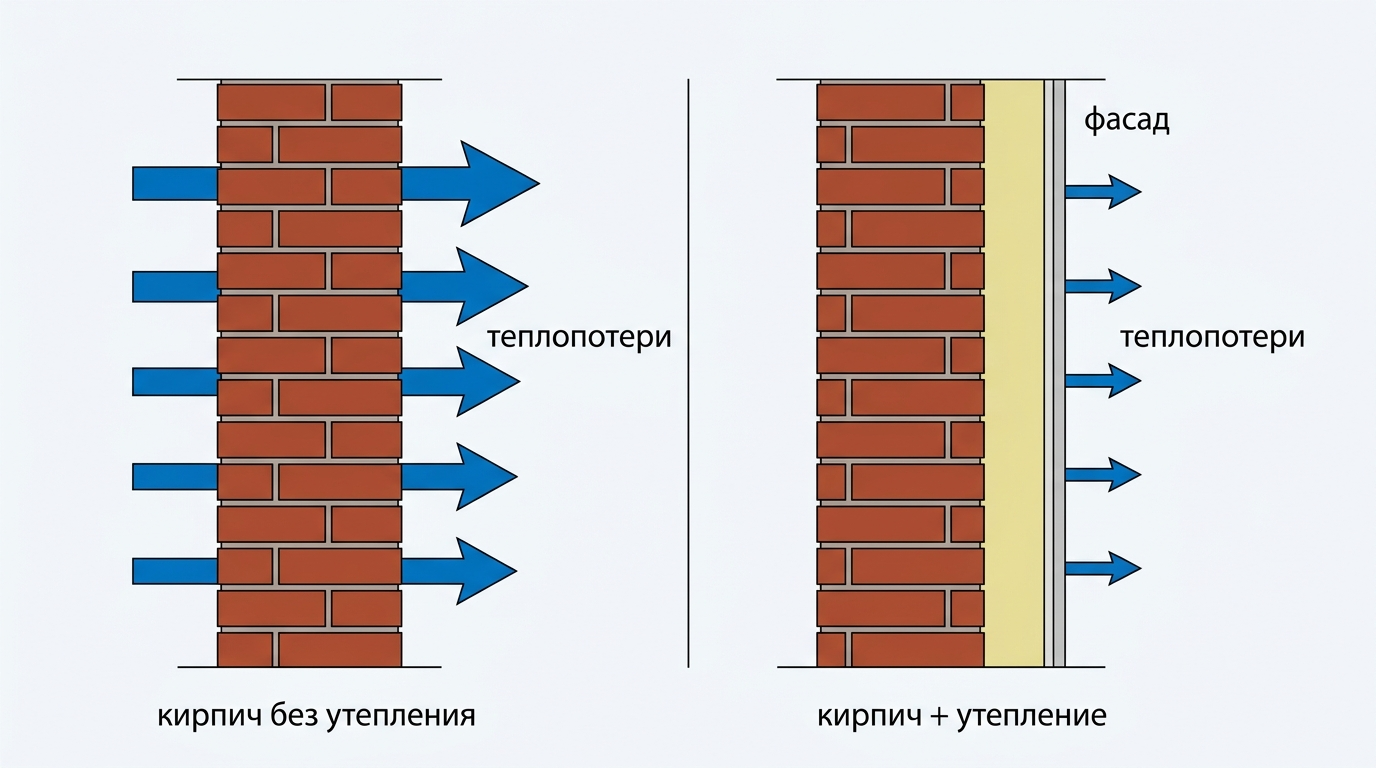 Сравнение однослойной кирпичной стены и кирпичной стены с наружным утеплением