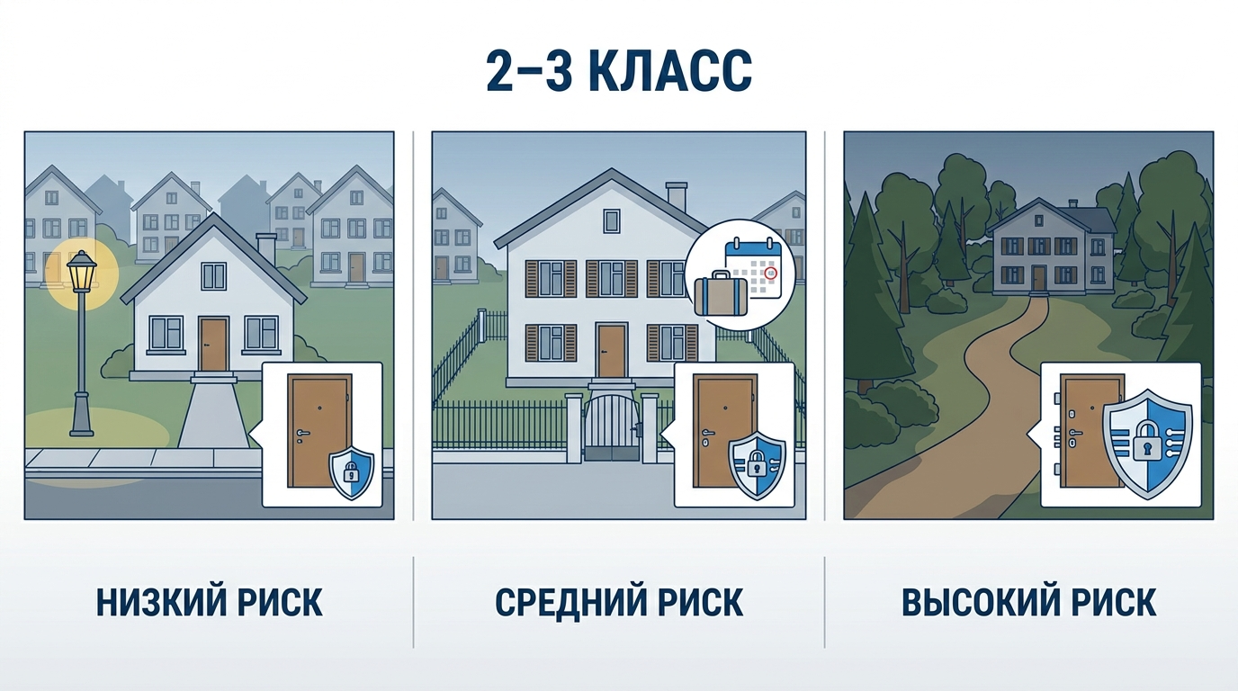 Инфографика выбора класса взломостойкости двери для частного дома по уровню риска