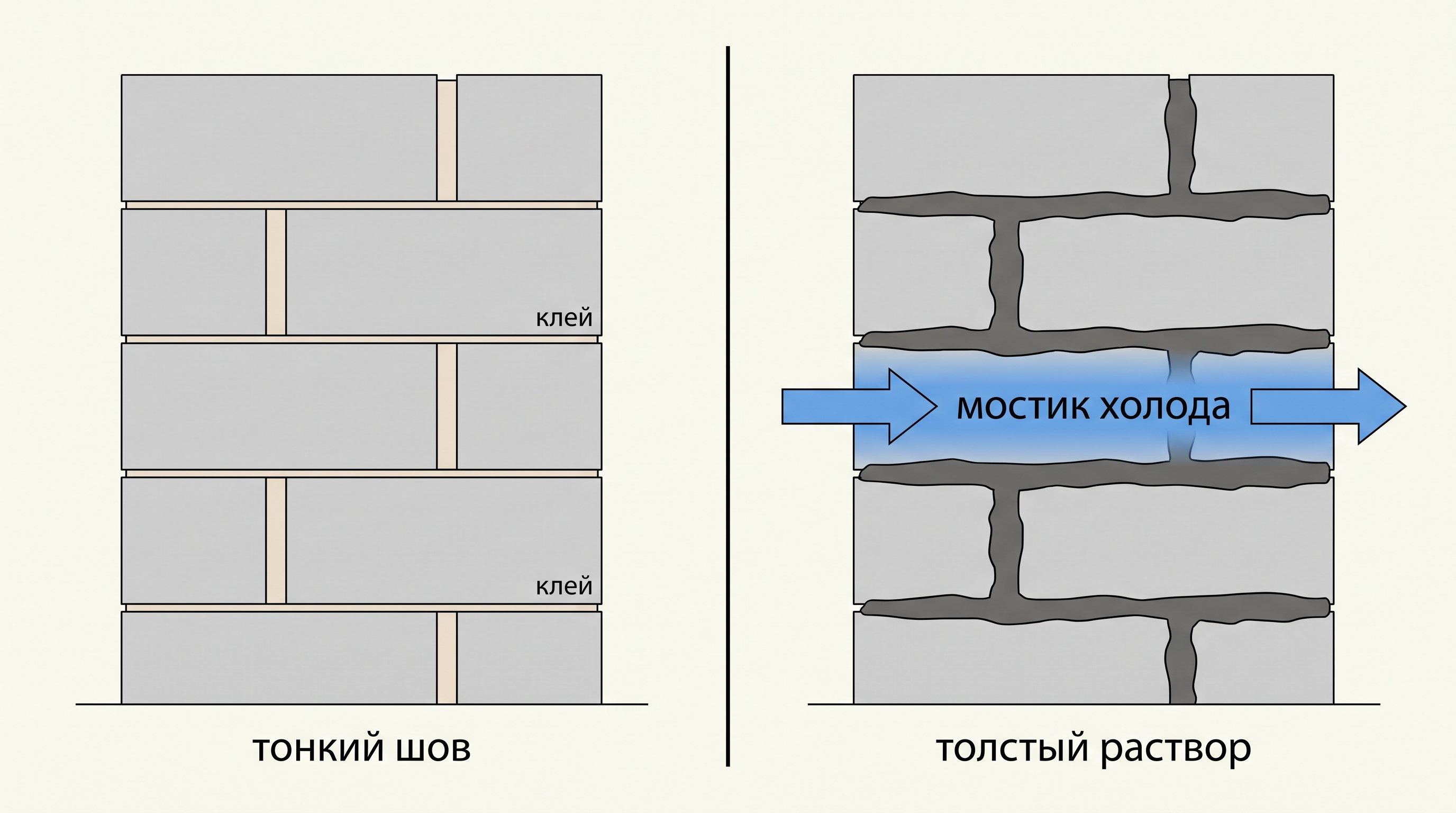 Сравнение тонкого клеевого шва и толстого раствора в кладке газобетона