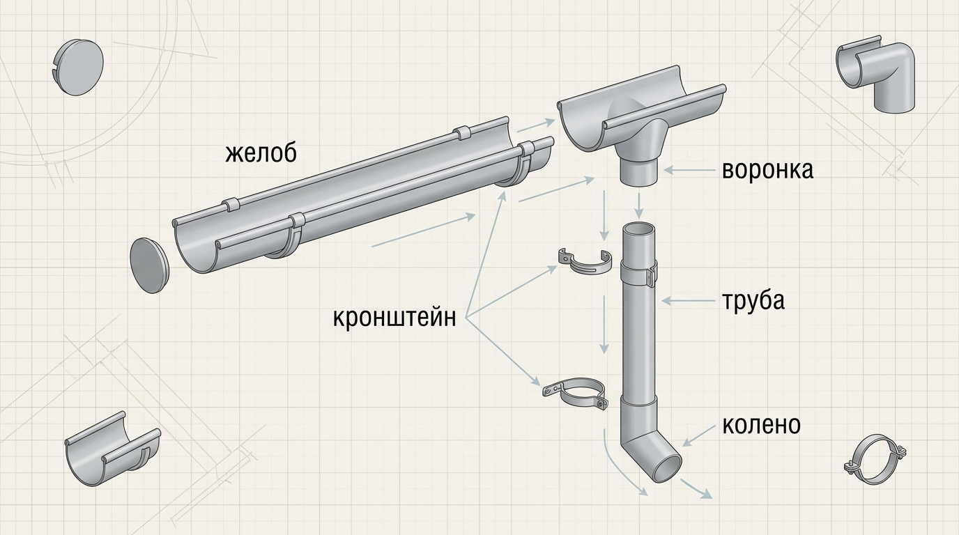Основные элементы комплекта водосточной системы для частного дома