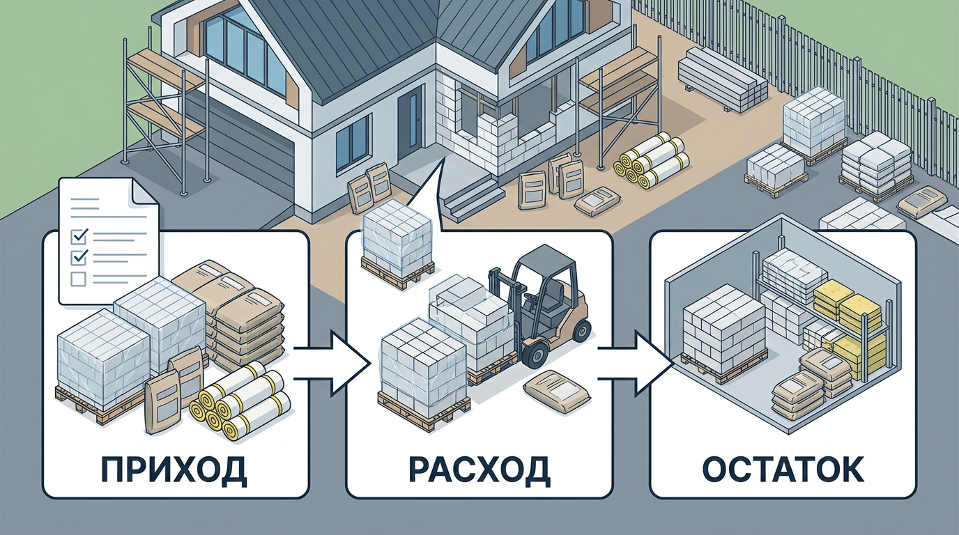 Диаграмма контроля материалов на стройке: приход, расход и остаток