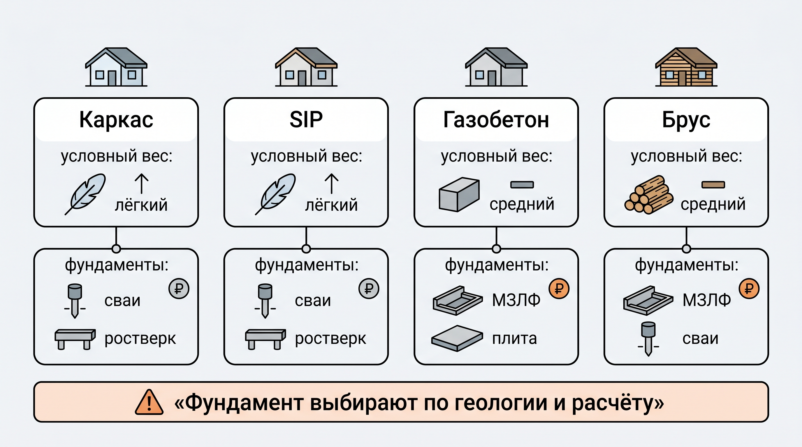 Сравнение конструктивов и фундаментов для одноэтажного дома до 100 м²