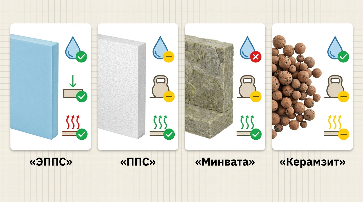 Сравнение ЭППС, минеральной ваты и керамзита для утепления пола