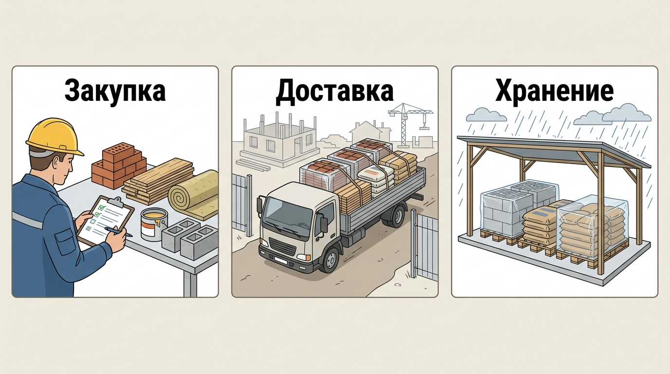 Инфографика о закупке доставке и хранении материалов при частичном подряде