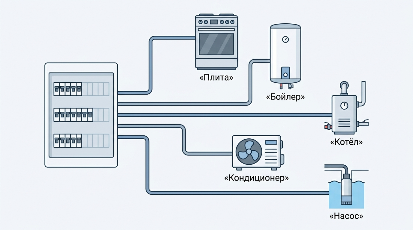 Схема выделенных линий для мощных потребителей от электрощита