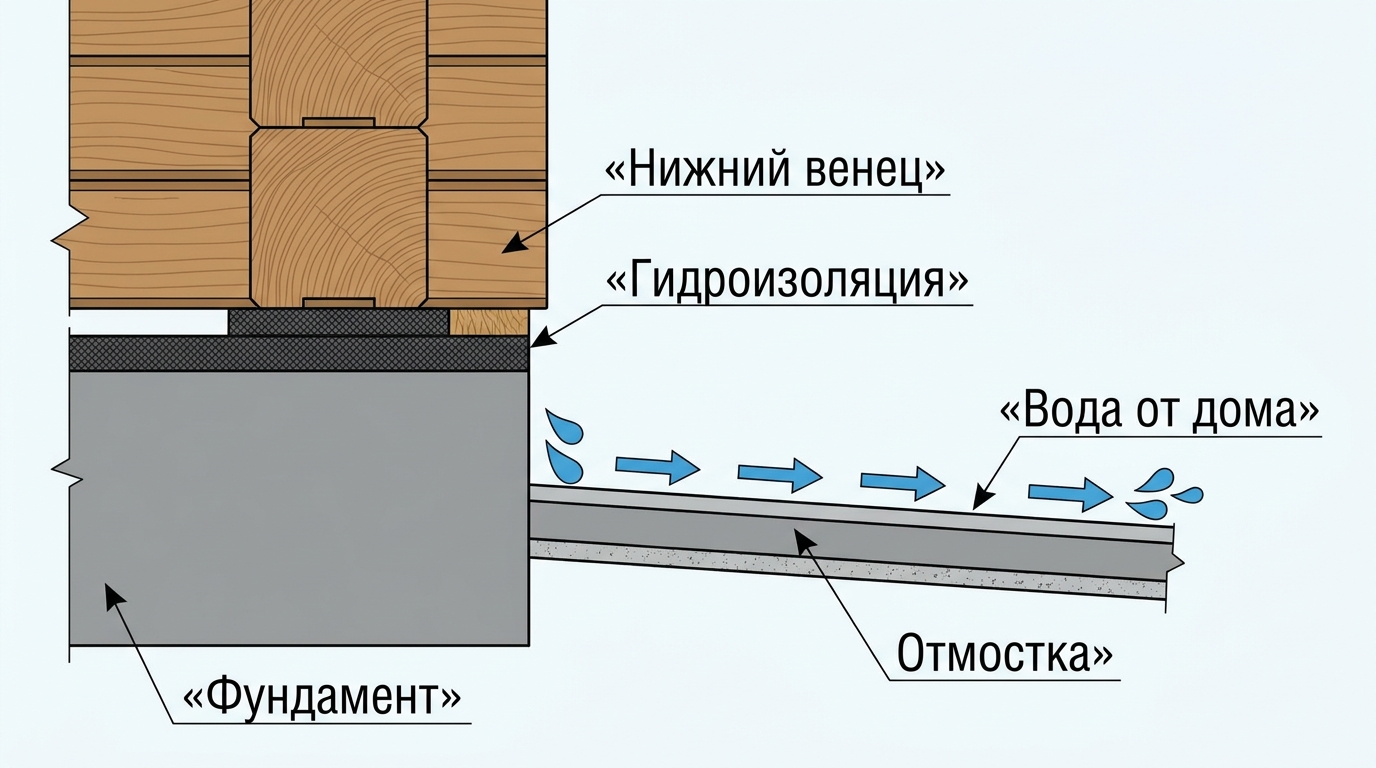Схема нижнего венца с гидроизоляцией на фундаменте