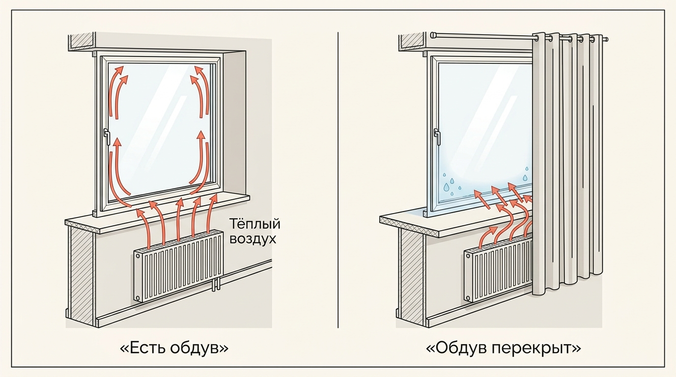 Сравнение правильного и нарушенного обдува окна радиатором