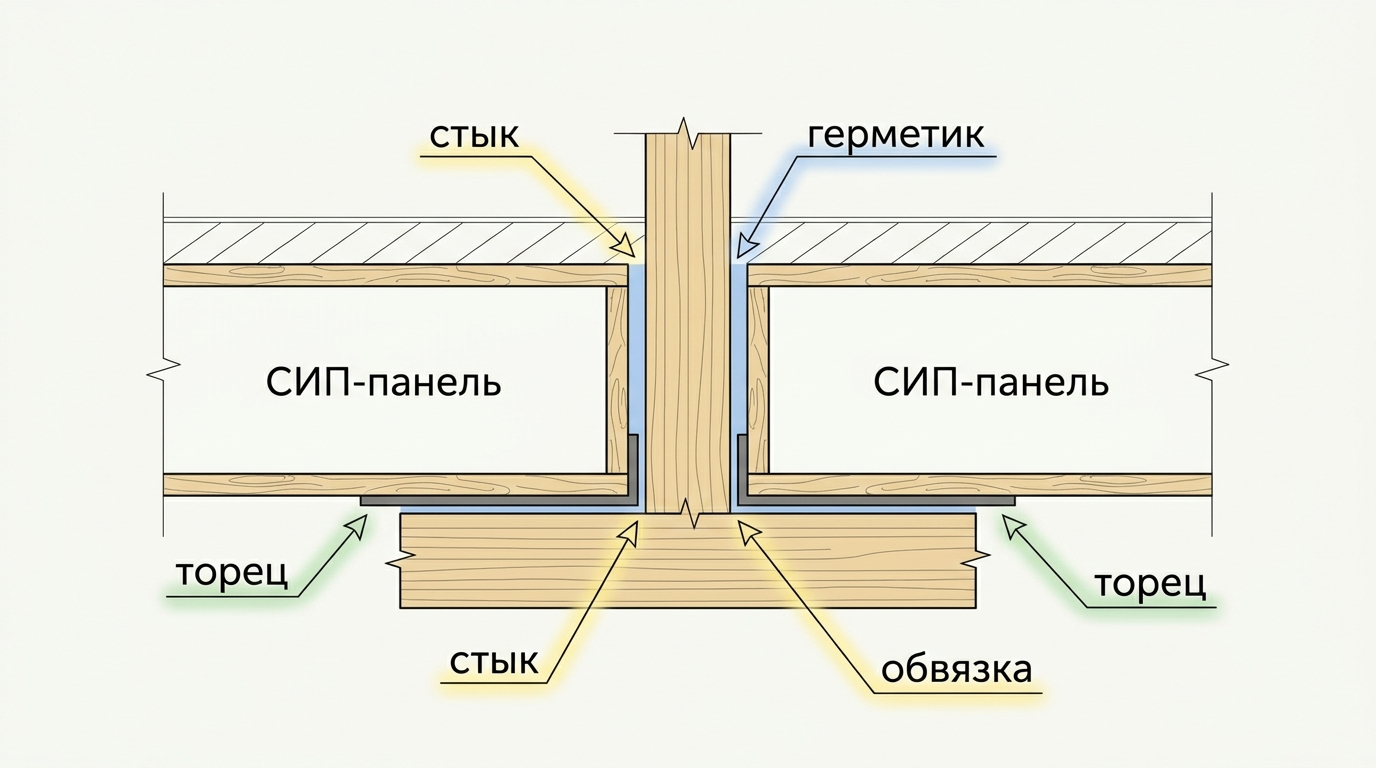 Схема проверки стыка СИП-панелей, обвязки и торцов