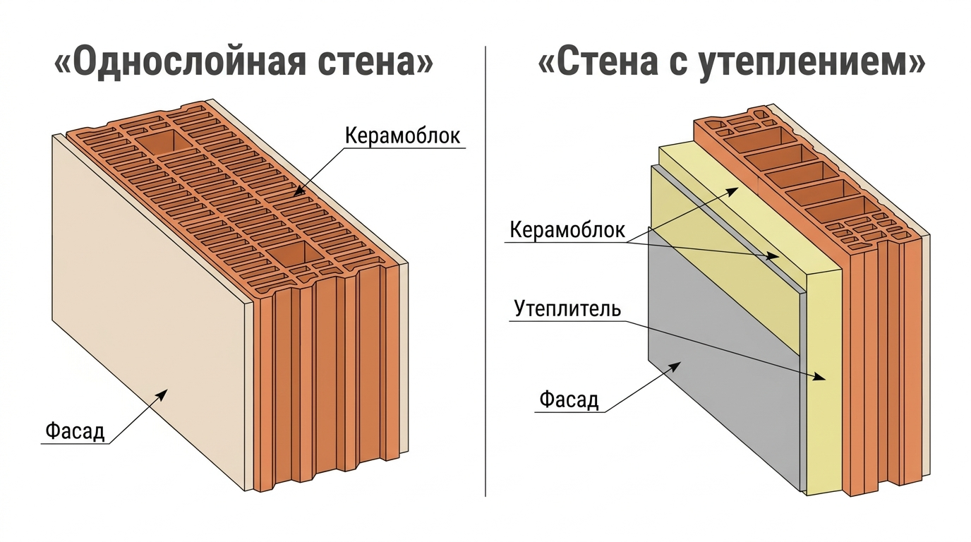 Сравнение однослойной стены из керамоблока и стены с наружным утеплением
