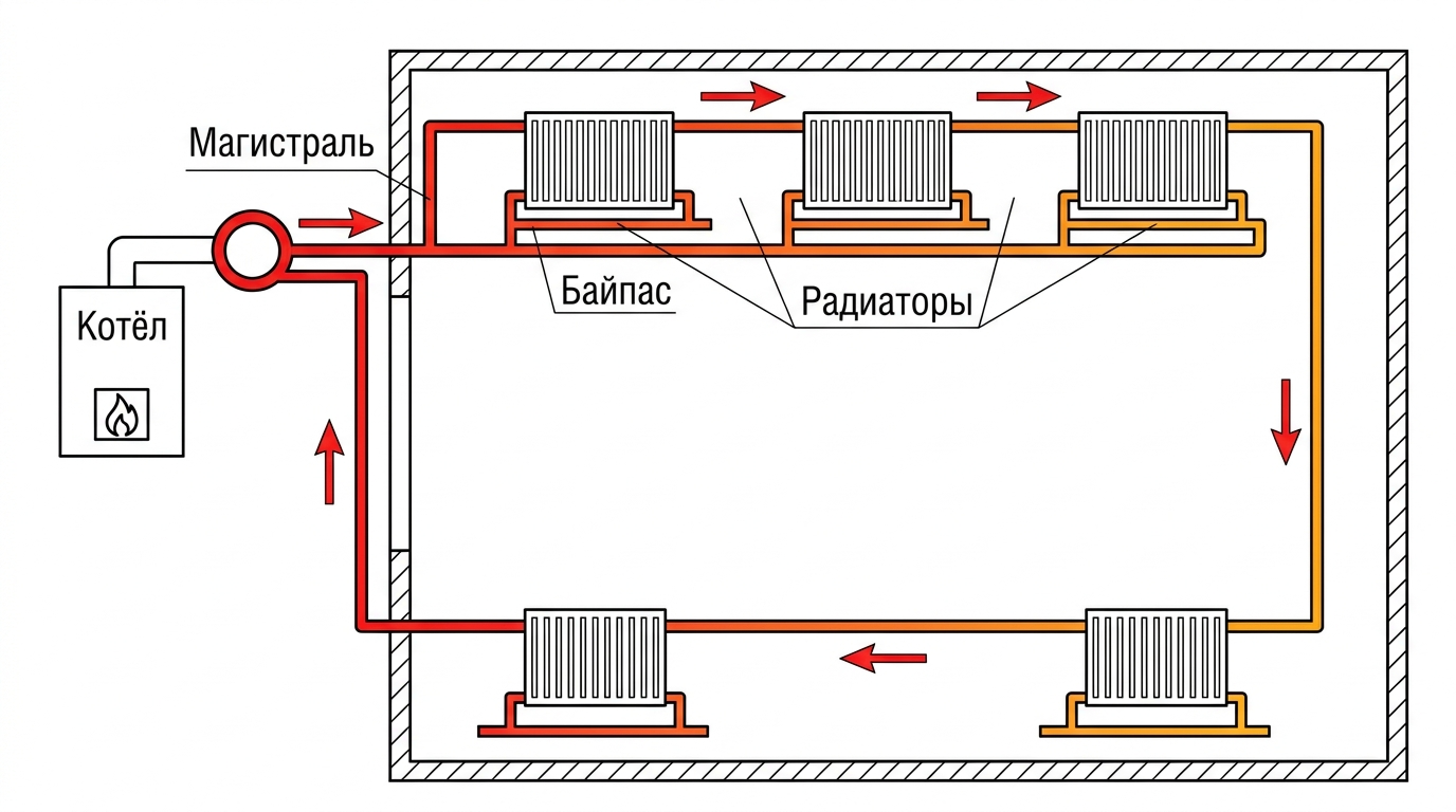 Схема однотрубной системы отопления частного дома с последовательными радиаторами