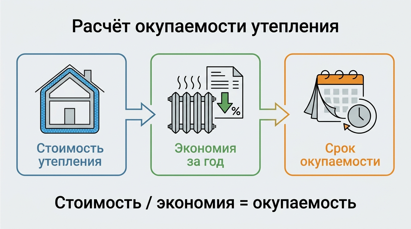 Инфографика расчёта окупаемости утепления дома
